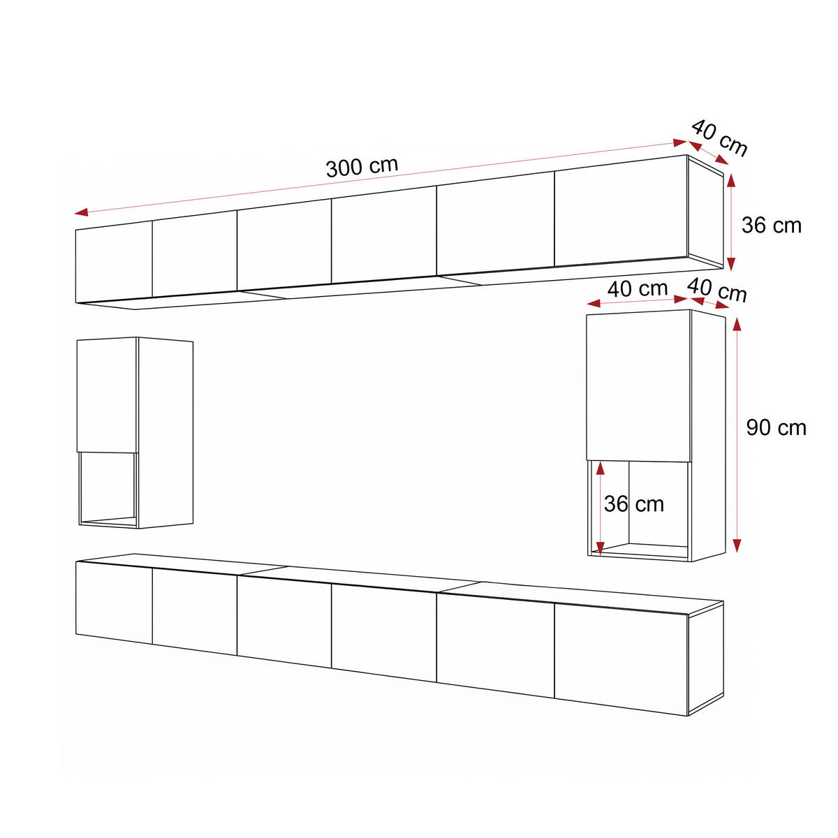 WOHNWAND ANGEL LINE IV 4-teilig, mit LED-Beleuchtung, Weiß Hochglanz - Weiß Hochglanz, Holzwerkstoff (300/162/40cm) - Idohome