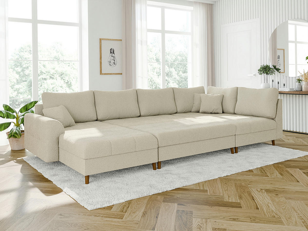 WOHNLANDSCHAFT inkl. Hocker Alma Beige Cord - Beige/Braun, Holz/Textil (310/81/161cm) - S-Style Möbel