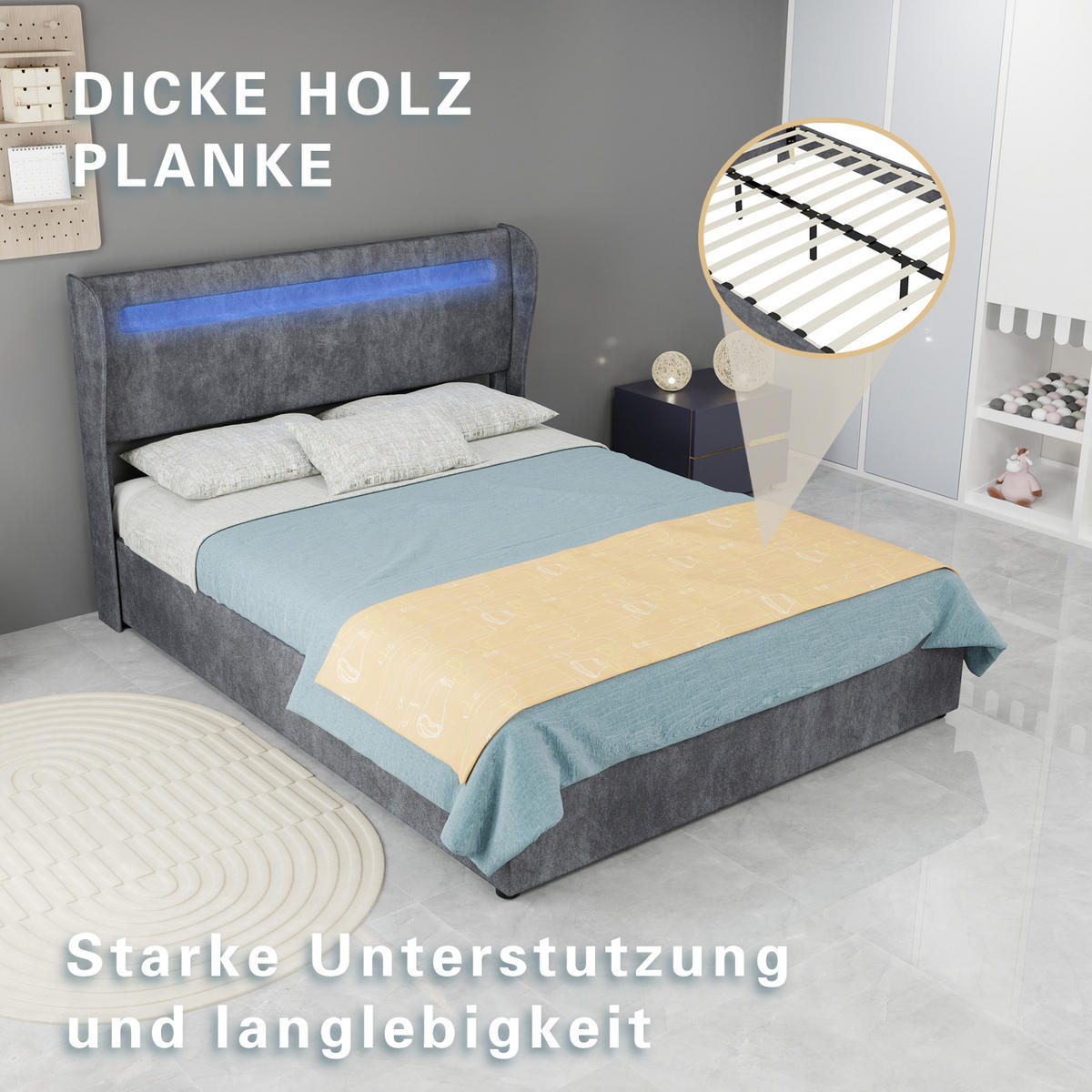 POLSTERBETT 140/200 cm in Grau mit LED Stoff Modernes Design - Grau, Holzwerkstoff/Textil (140/200cm) - STILVORA