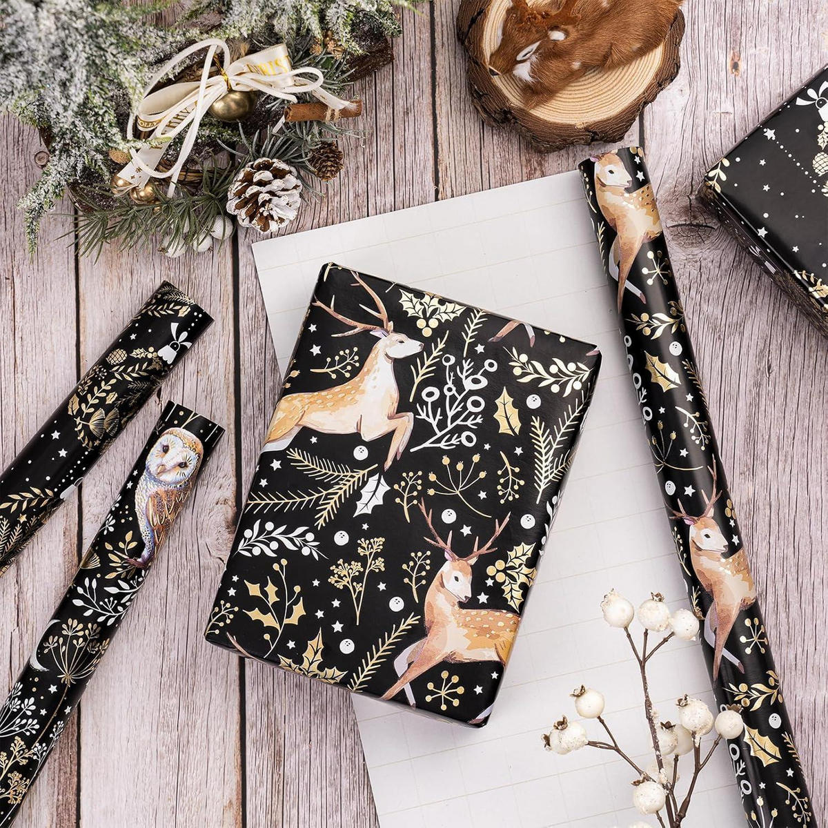 GESCHENKPAPIER 3-teiliges Set mit Eulen- und Rentier-Motiv - Multicolor, Papier (4/44/10cm)