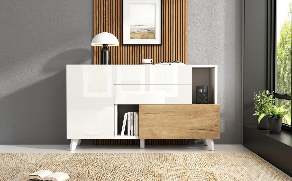 SIDEBOARD 130/40/70 cm, Weiß hochglänzend mit Hell-Eiche Akzenten, 2 Schubladen und Türen, skandinavischer Minimalismus, Weiß und Licht Eiche - Weiß, Holzwerkstoff (130/70/40cm) - Redom