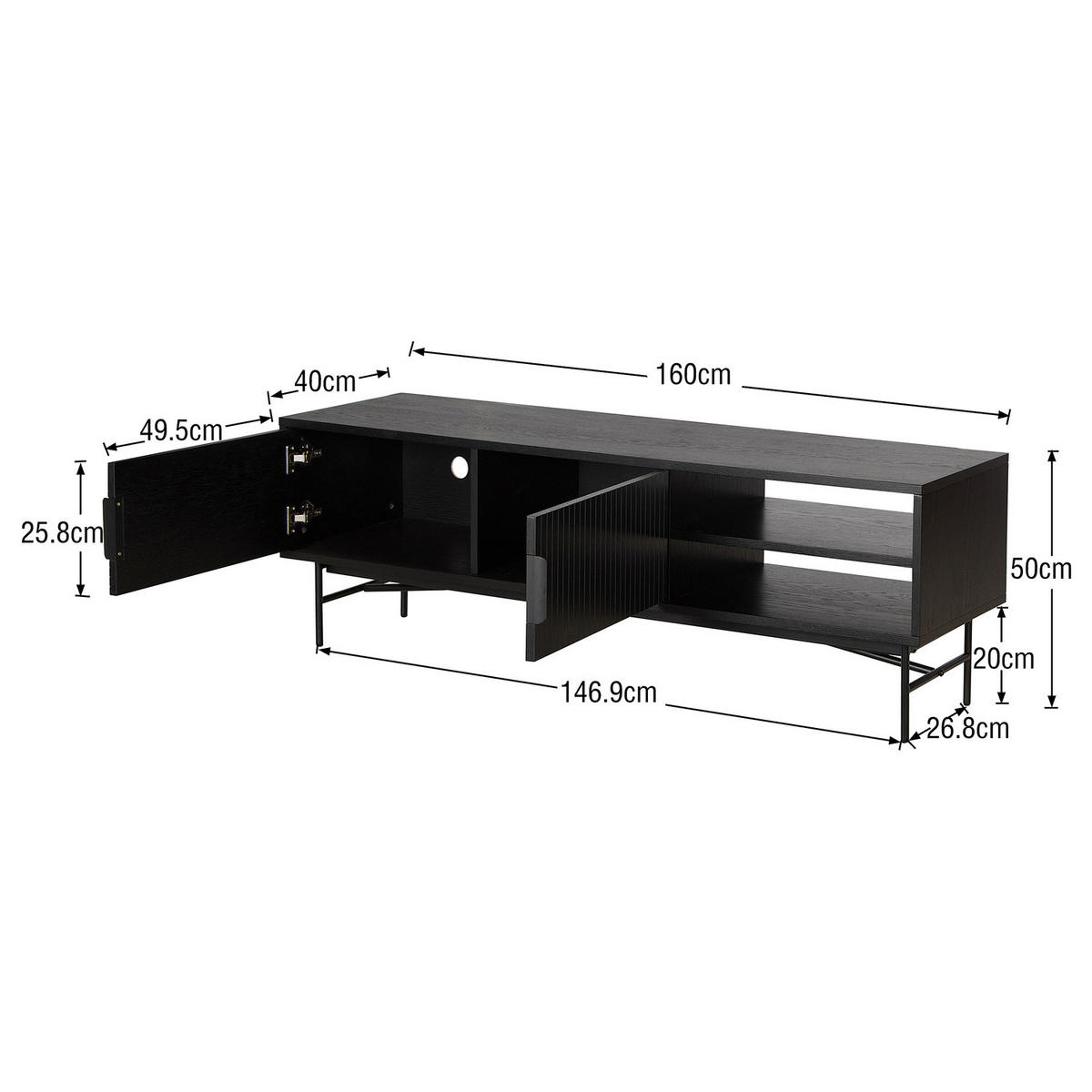 TV-LOWBOARD - Echtholzfurnier - 160 cm - Eichefarben/Schwarz, Holzwerkstoff/Metall (160/50/40cm) - home24