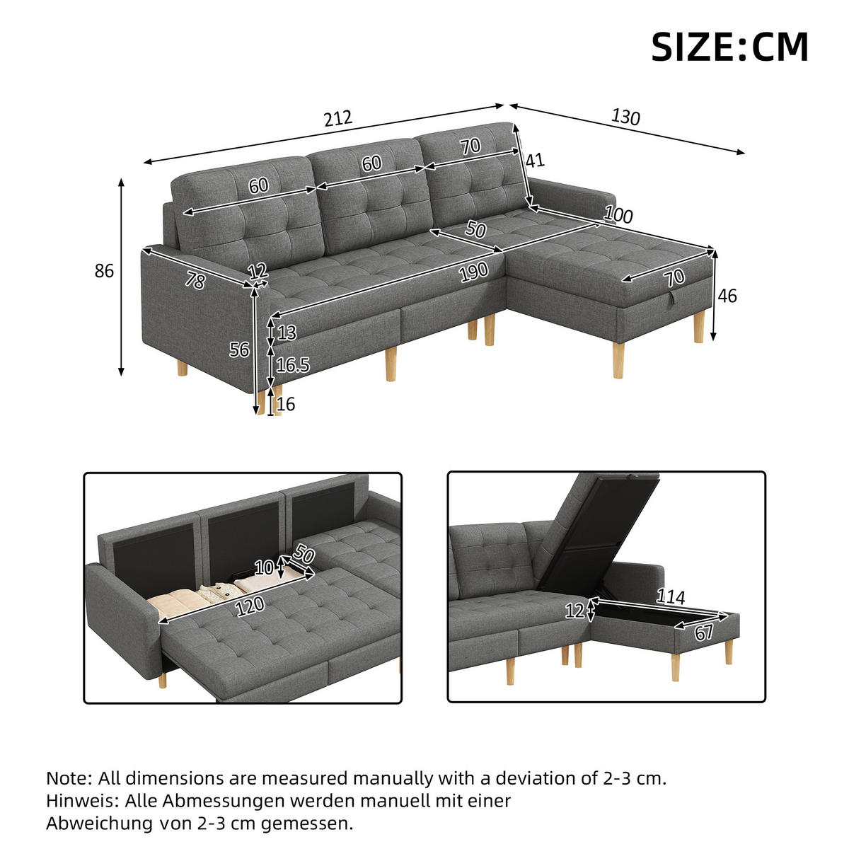ECKSOFA L Form Stauraum Chaiselongue 3 Sitzer Grau 212cm - Grau, Textil (212/130cm) - FLIEKS