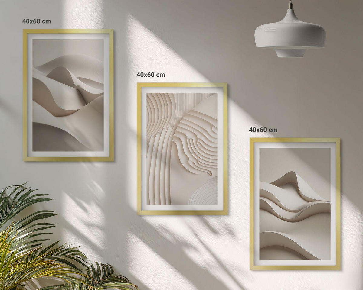 BILDER SET 3er Set - 40x60 cm Goldrahmen - Abstrakte beige Wellen - Goldfarben, Kunststoff (40/60cm) - TULUP