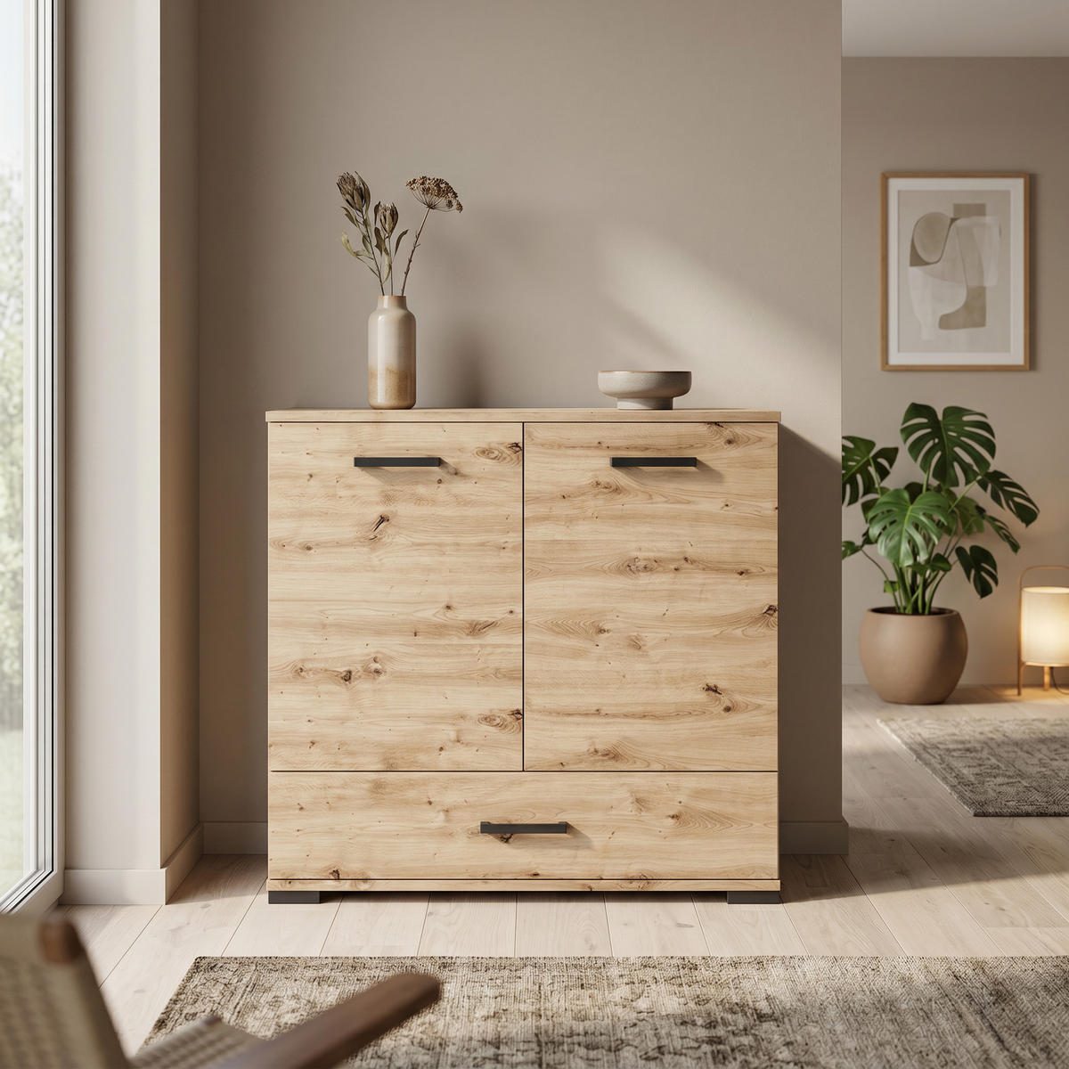 KOMMODE ALBANO 90/83/40cm mit 1 Schubladen 2 Türen Eiche Artisan - Eiche Artisan, Holzwerkstoff (90/83/40cm) - MASSENO