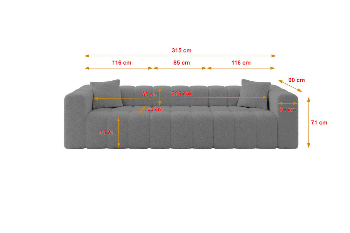 POHOVKA 3-MÍSTNÁ DONY-3 315x90x71 cm Šedá Buklé - šedá/černá, kompozitní dřevo/textil (315/71/90cm) - ALTDECOR