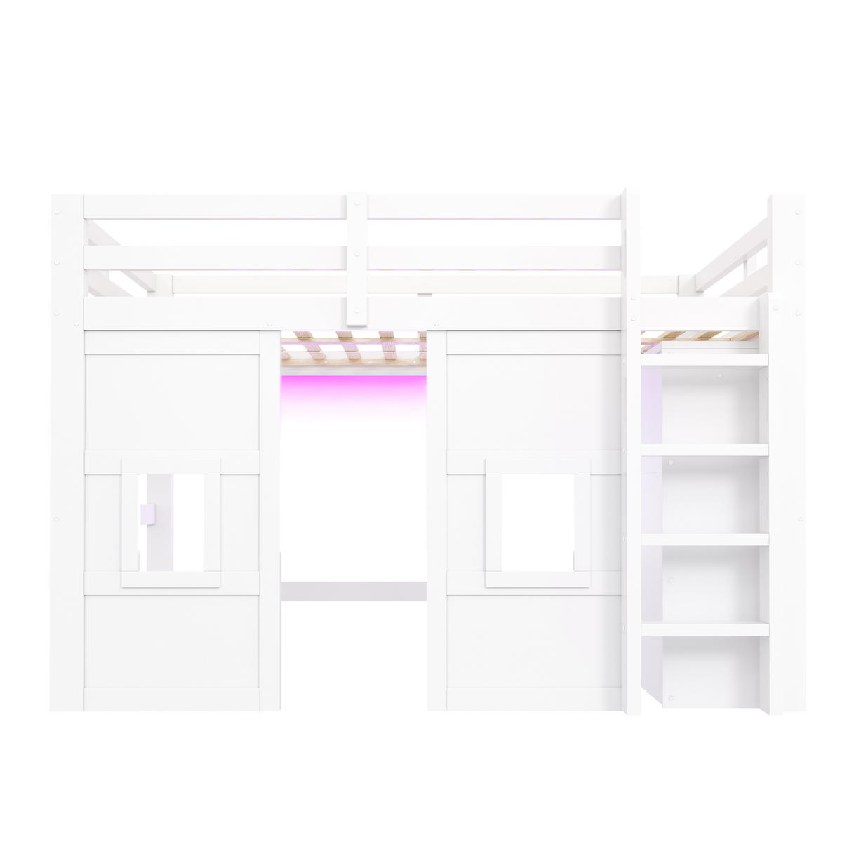 HOCHBETT 140/200 cm DE-03381, mit integriertem Kleiderschrank, 2 Fenstern und LED-Beleuchtung, in Weiß - Weiß, Holz/Holzwerkstoff (140/200cm) - ComfortXL