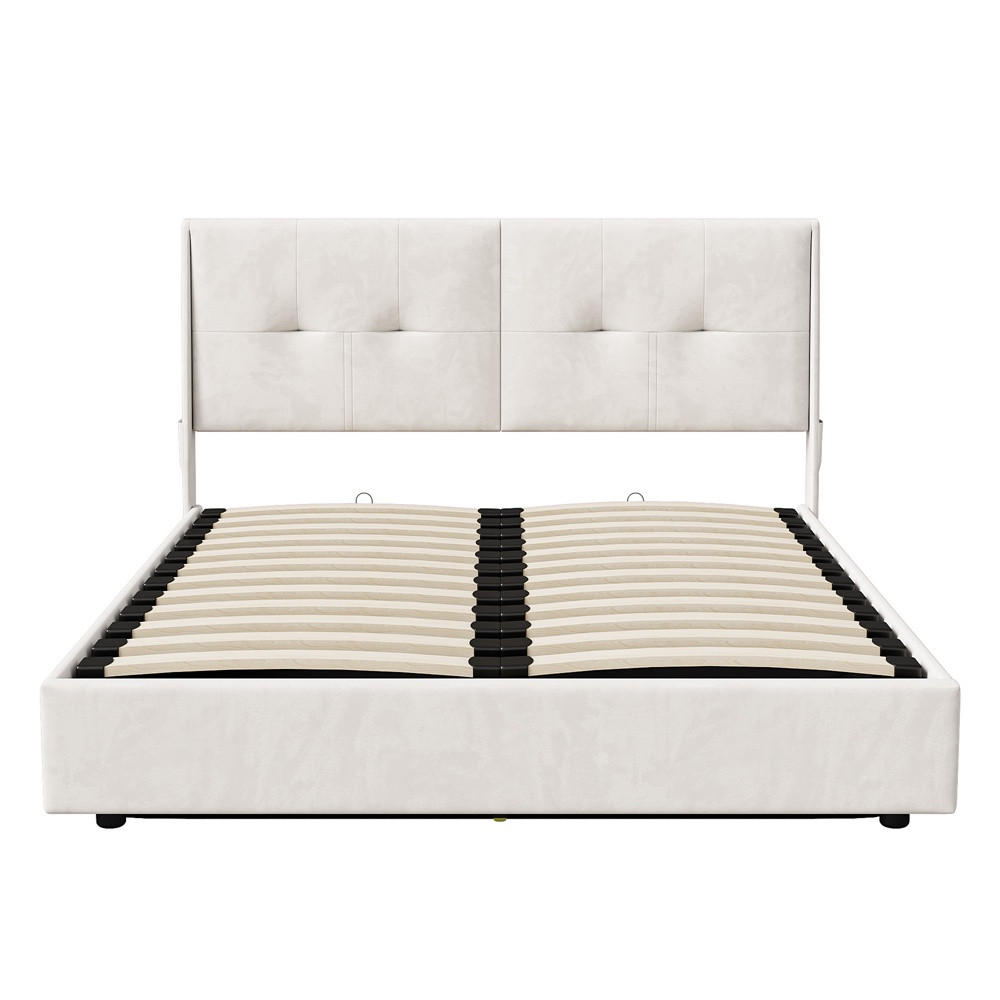 POLSTERBETT 160x200 cm - Hydraulisches Stauraumbett mit LED-Beleuchtung und praktischen Seitentaschen - ohne Matratze - Beige - Beige, Textil (160/200cm) - DELFA