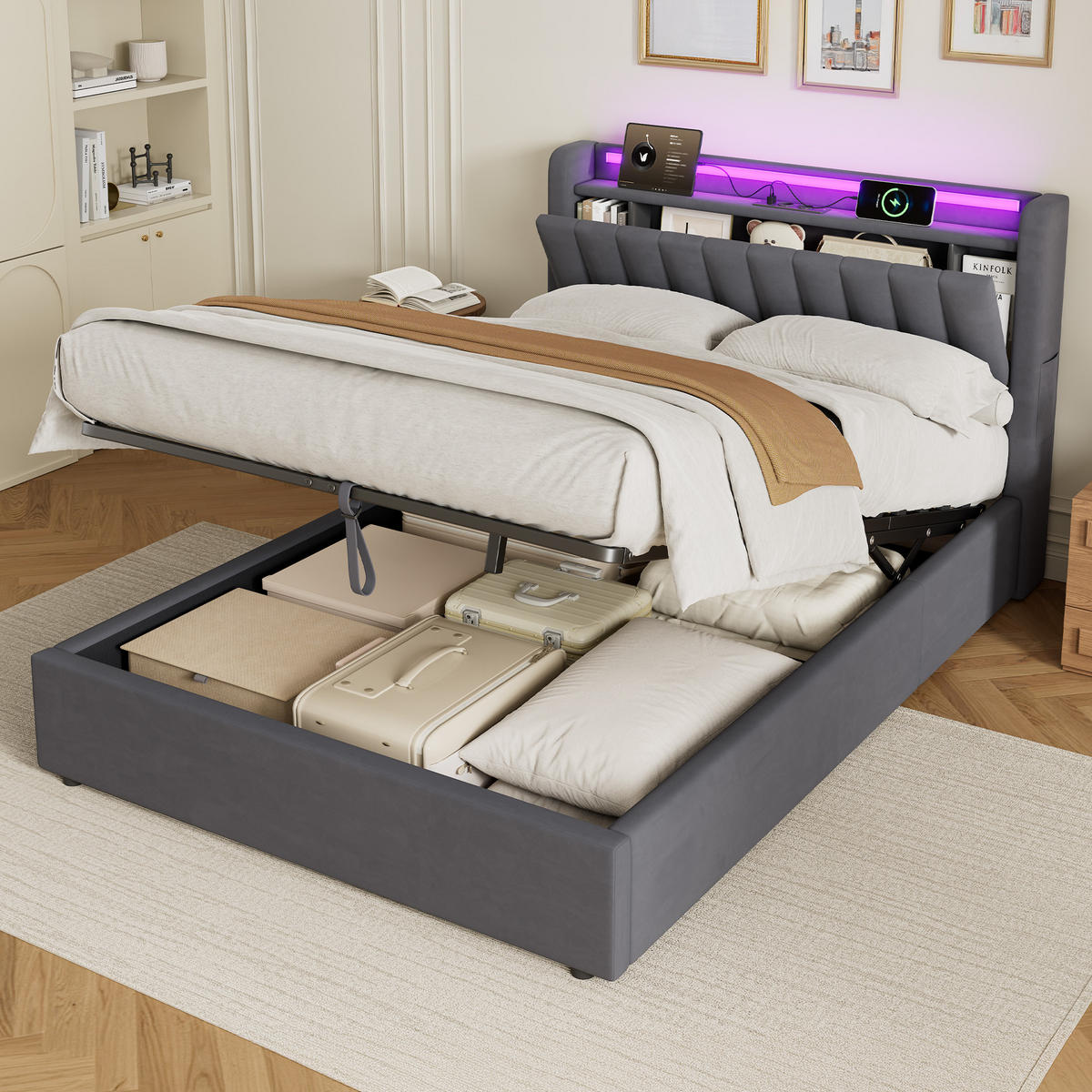 POLSTERBETT 140/190 cm in Grau, mit Bettkasten, Stauraum, USB und LED Beleuchtung, ohne Matratze - Grau, Holzwerkstoff/Textil (140/190cm) - WISHDOR