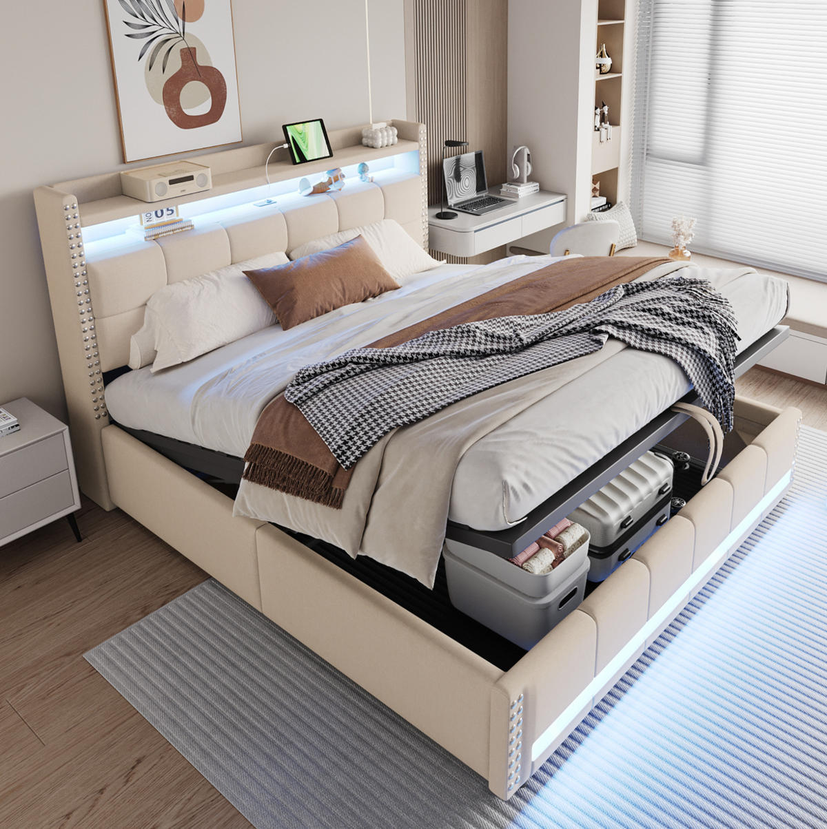 POLSTERBETT mit Stauraum und LED 180x200 cm Beige - Beige, Metall (180/200cm) - Meubliv