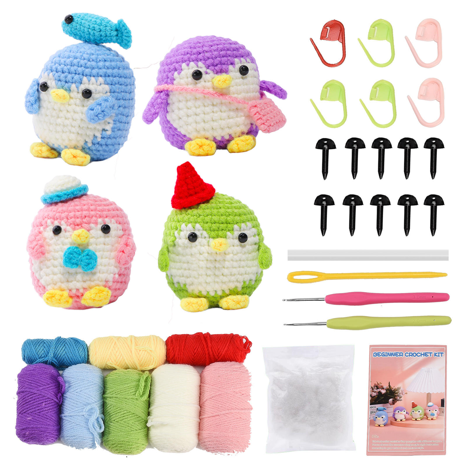 KOMPLET za heklanje pingvina (4 dijela), DIY amigurumi za početnike s uputama - plava, tekstil (1/1/1cm)