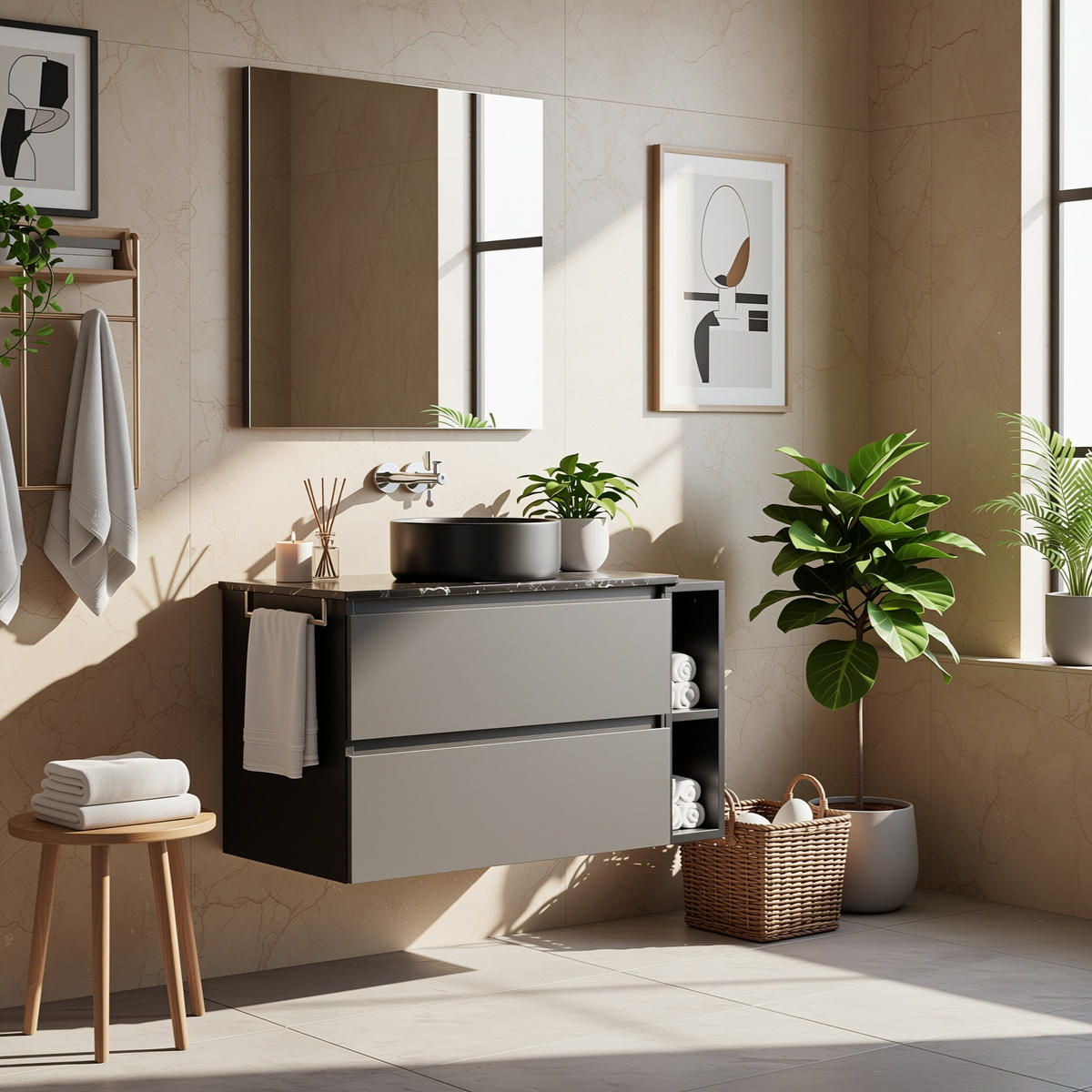 WASCHTISCHKOMBI Schwarz-Grau mit Keramikbecken - Grau, Holzwerkstoff (80/48/44cm) - Urban Meuble