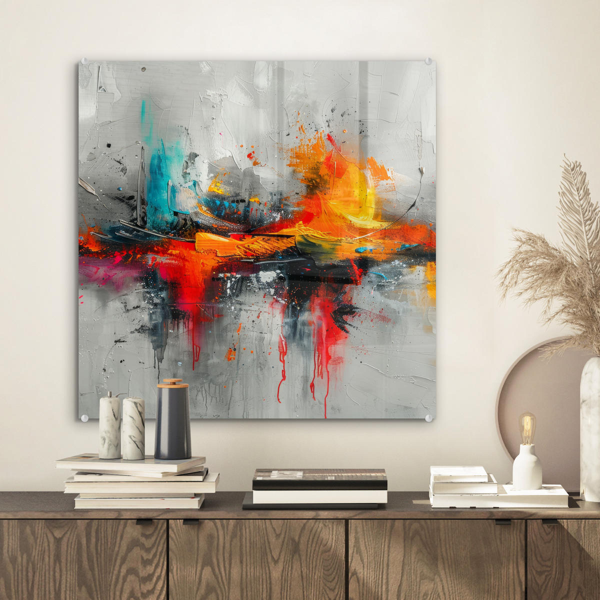 ACRYLGLASBILD Moderne Kunst - Orange - Grau - Abstrakt 50x50 cm - Hellgrau, Glas (50/50cm) - MuchoWow