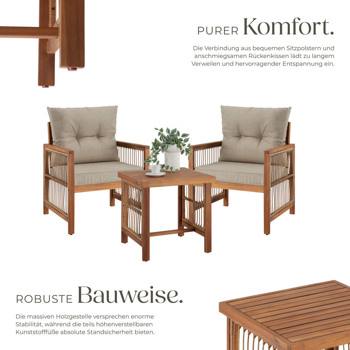 LOUNGE-SET Eivissa,Sessel mit je 2 höhenverstellbaren Kunststofffüßen,natur - Naturfarben, Holz/Kunststoff - tectake