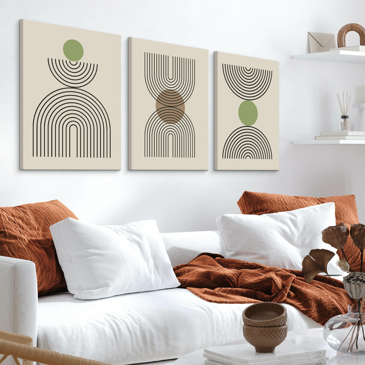 LEINWANDBILDER 3-es Set Geo-Muster Boho - Beige/Schwarz, Textil (90/40cm) - Muralo