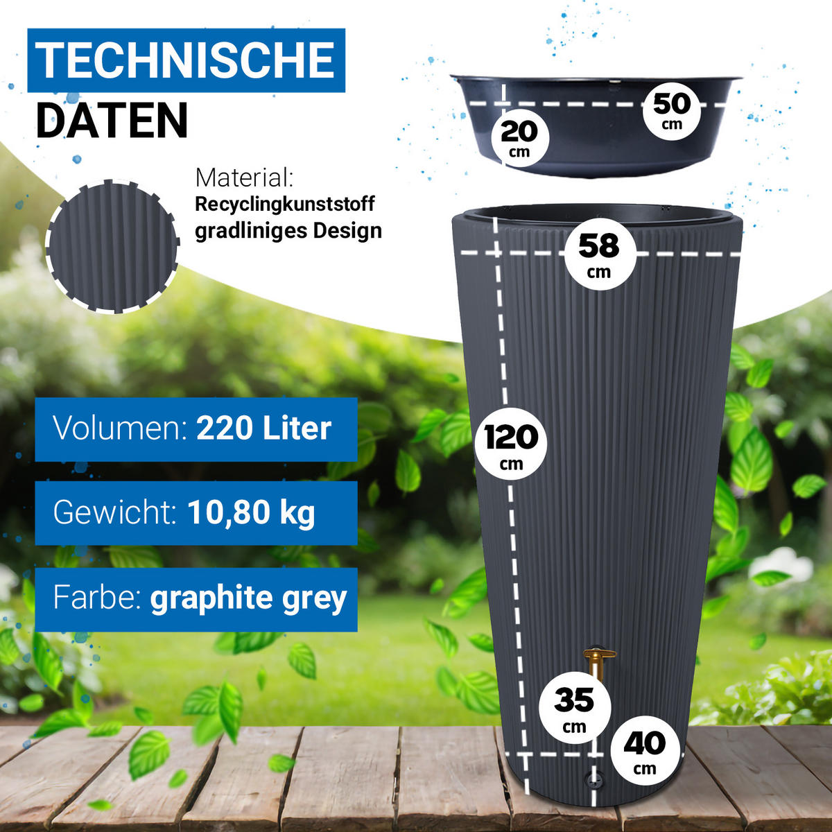 2IN1 Regentonnen Komplett-Set 220 L graphite grey - Grau, Kunststoff (58/120/58cm) - 4rain