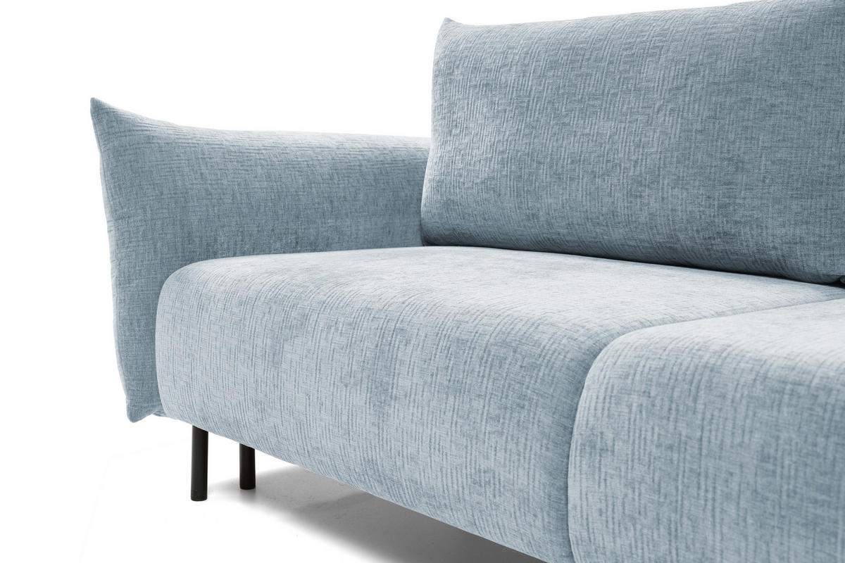 SOFA ADEL - Schlaffunktion Und Bettkasten, Wellenfederung, PUR-Schaum, Schwarze Metallfüße lose Rückenkissen, freistehend, 240x108x75 cm Light blue - Hellblau, Holz/Textil (240/75/108cm) - DomoHome