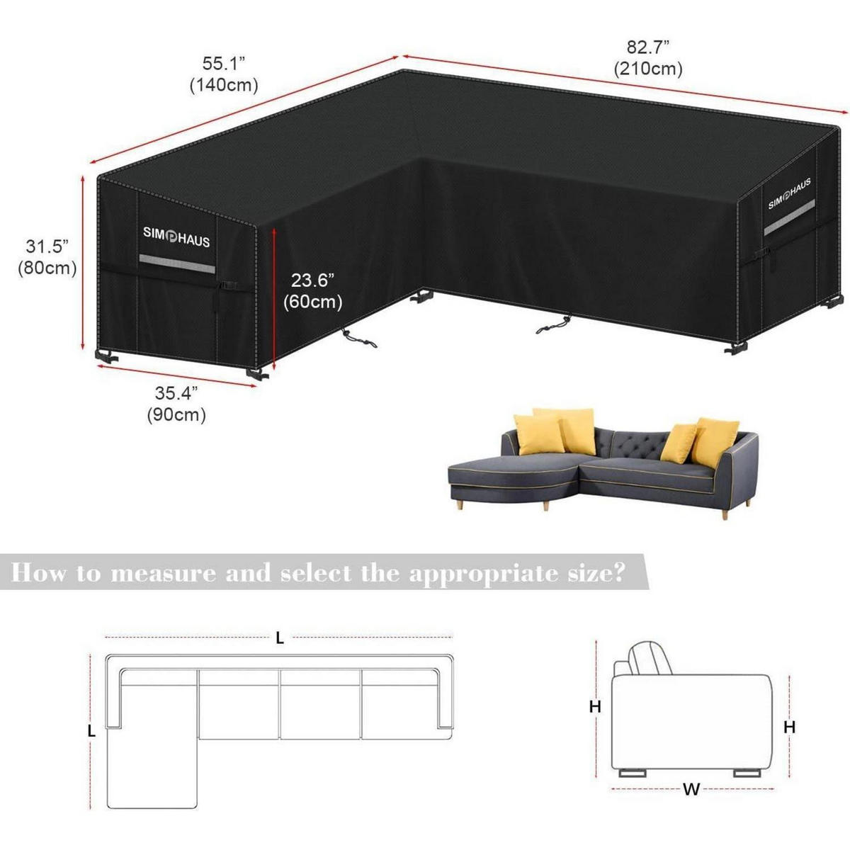 ABDECKHAUBE für L-Form Sofa 420D Oxford 140x210x90x80/60cm - Schwarz, Textil (210/80/210cm)