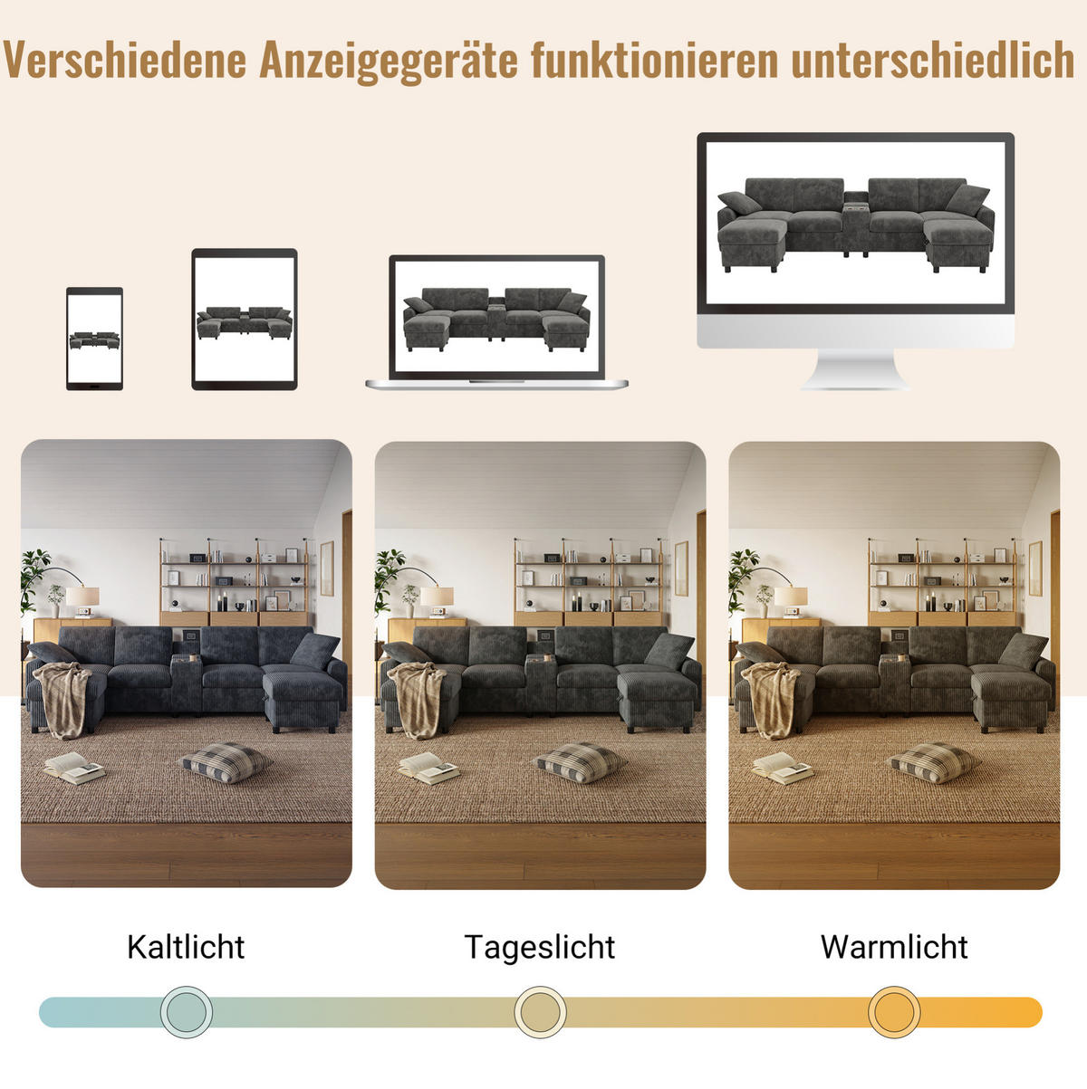 WOHNLANDSCHAFT 315/135/81 cm in Grau aus Cord mit Stauraum und USB- und Type-C-Anschlüssen - Grau, Textil (135/81/315cm) - Flora Grace