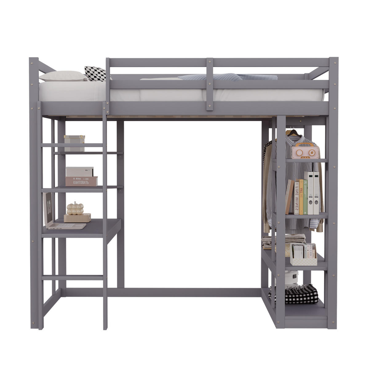 HOCHBETT aus Kiefernholz 140x200 cm Grau mit Schreibtisch, Regalen und Garderobenbereich - Grau, Holzwerkstoff (140/200cm) - Modfu