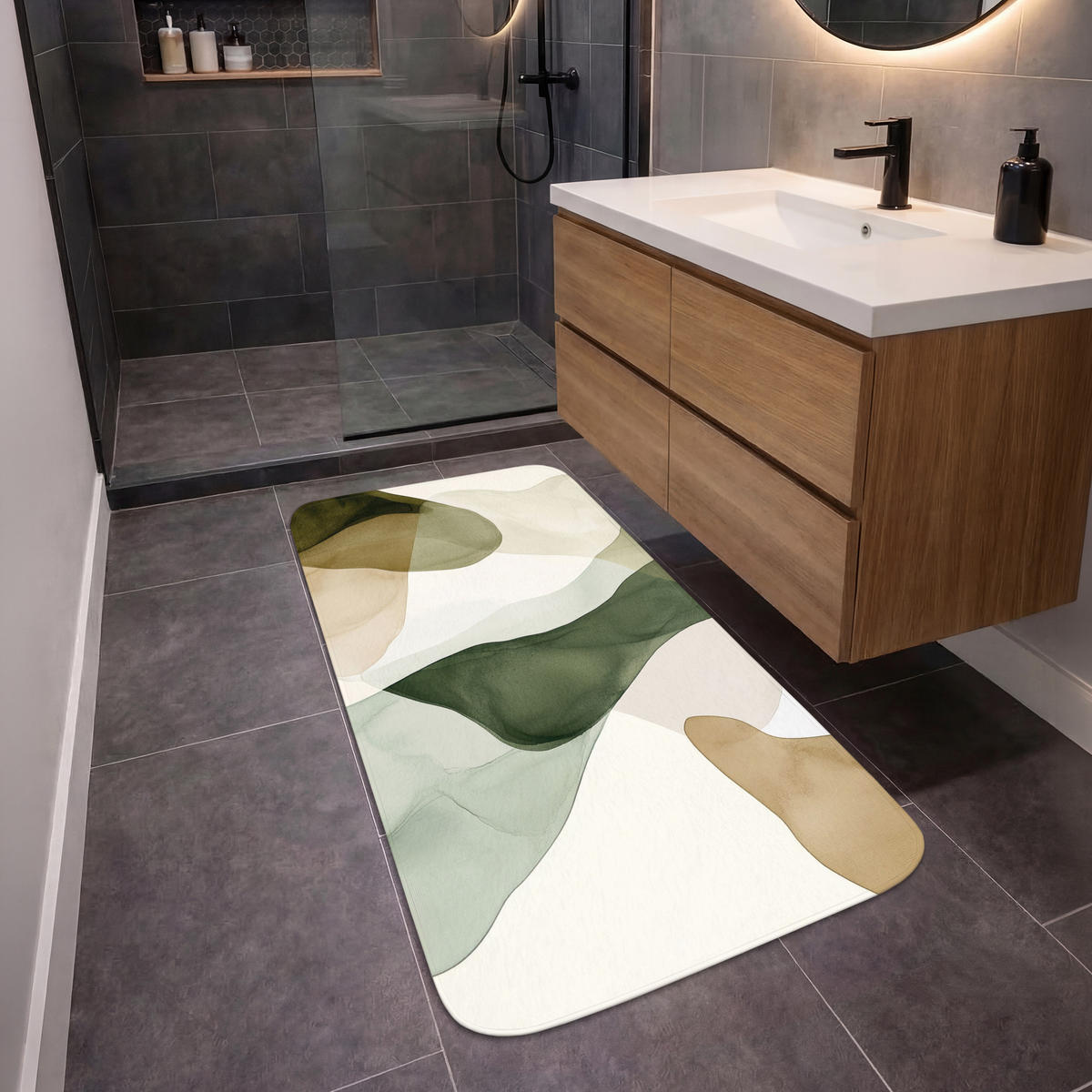 KÚPEĽŇOVÁ PREDLOŽKA Japandi - Abstraktné - Zelené 60x120 cm - zelená, textil/plast (60/120cm) - OnlyWow