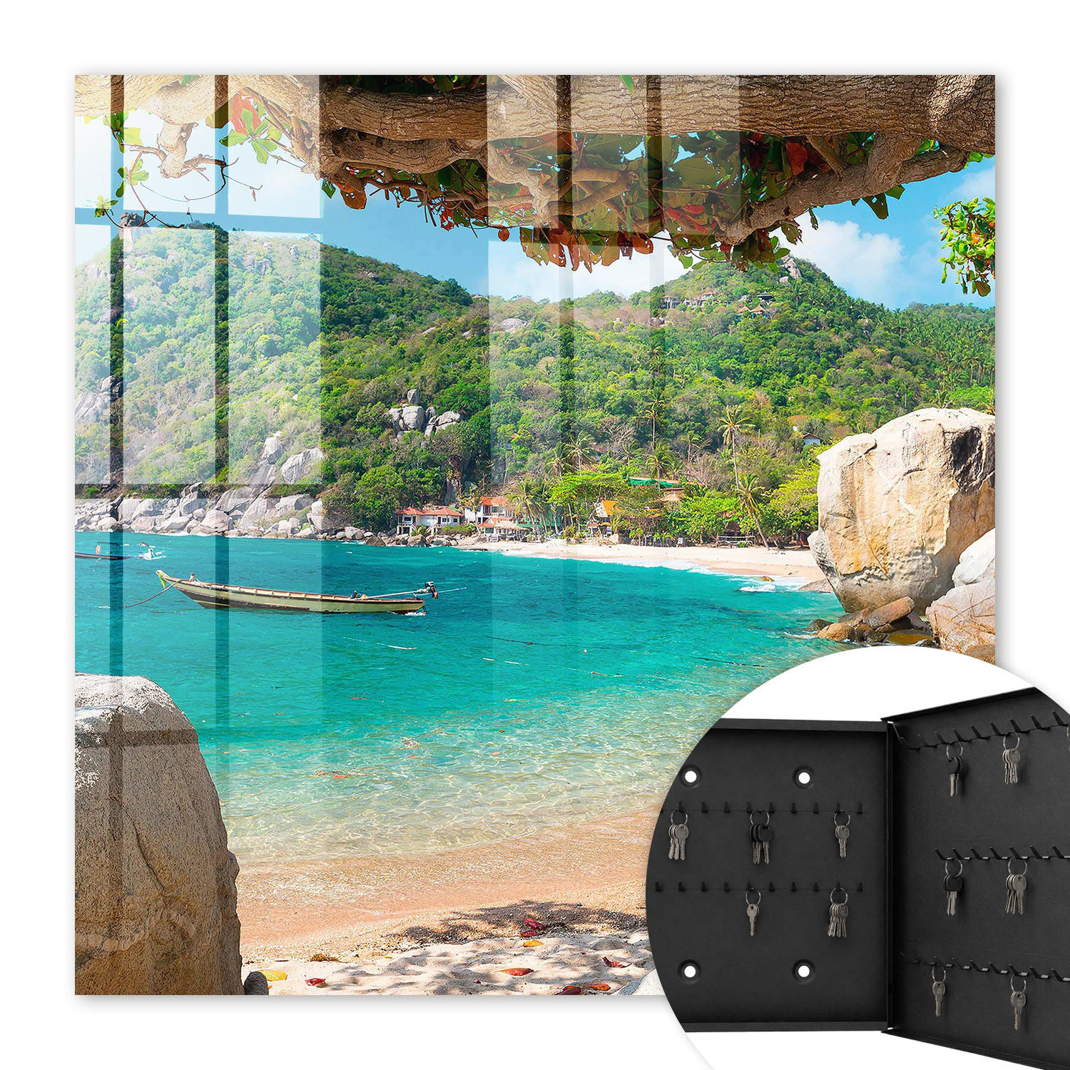 SCHLÜSSELBOX Schwarz 30x30 cm- Türöffnung nach rechts - Ein paradiesischer Ausblick - Türkis, Metall (30/30/5cm) - TULUP