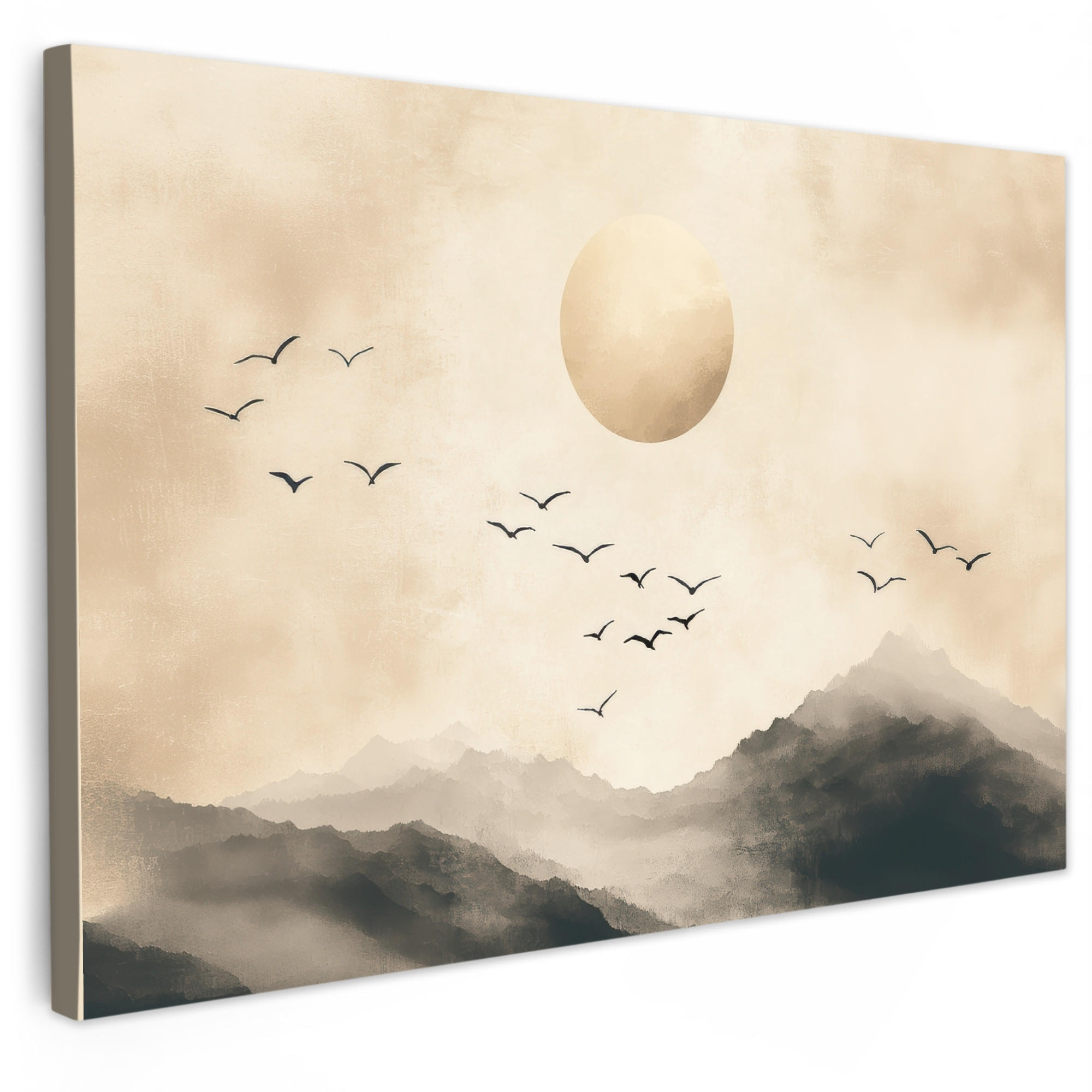 LEINWANDBILD Landschaft - Japandi - Vogel Groß 140x90 cm - Beige, Textil (140/90cm) - MuchoWow