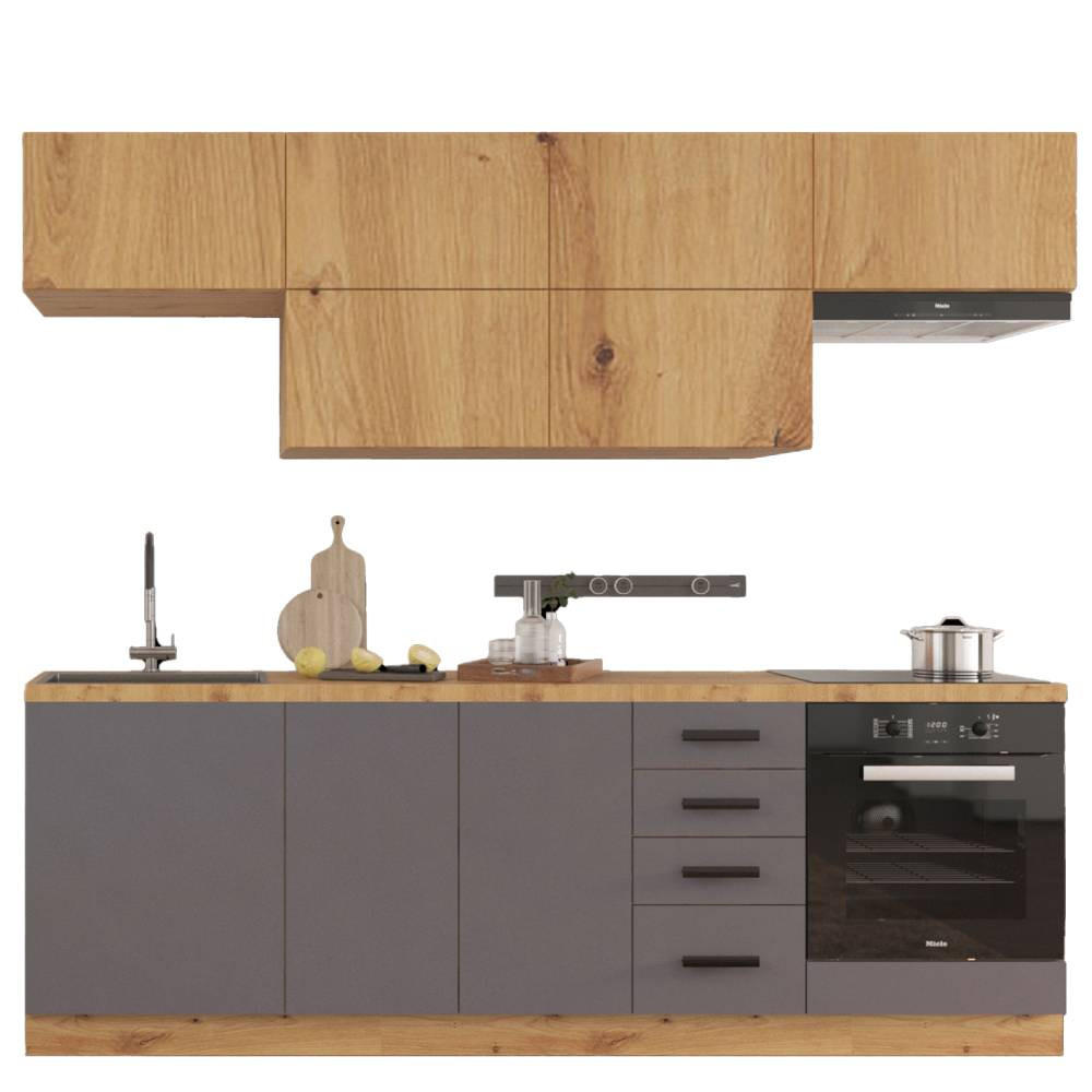 KÜCHENZEILE 240 - Langen KL2-M240 in Grau/ Artisan Eiche - Schwarz/Eiche Artisan, Holz/Metall (240/212/58cm)