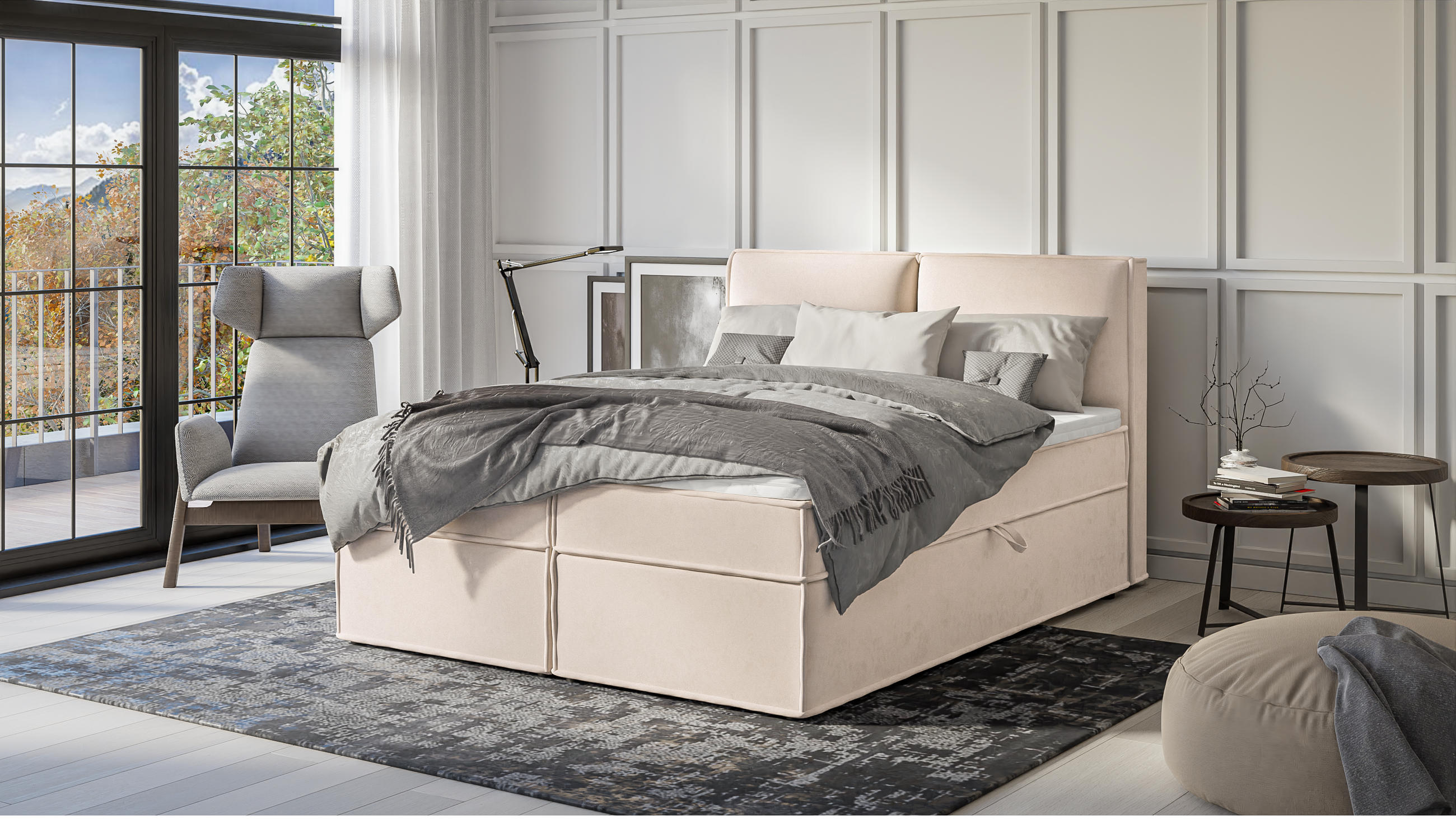 BOXBETT Eclipse 160/200 cm Beige Luxusmicrofaser - Beige/Schwarz, Holz/Kunststoff (160/200cm) - S-Style Möbel