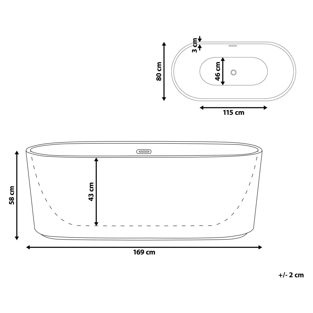 FREISTEHENDE BADEWANNE 80x169x58 cm weiß Gocta - Weiß, Kunststoff (80/58/169cm) - Beliani