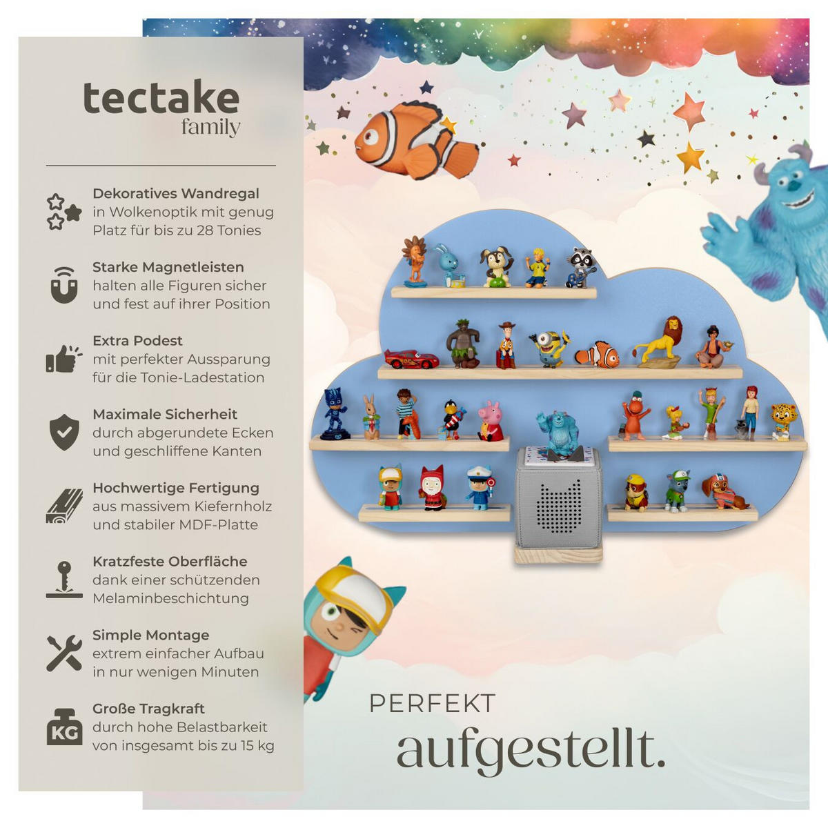 WANDREGAL für Toniebox, mit Magnetstreifen, blau - Blau, Holz (76/50/15.5cm) - tectake