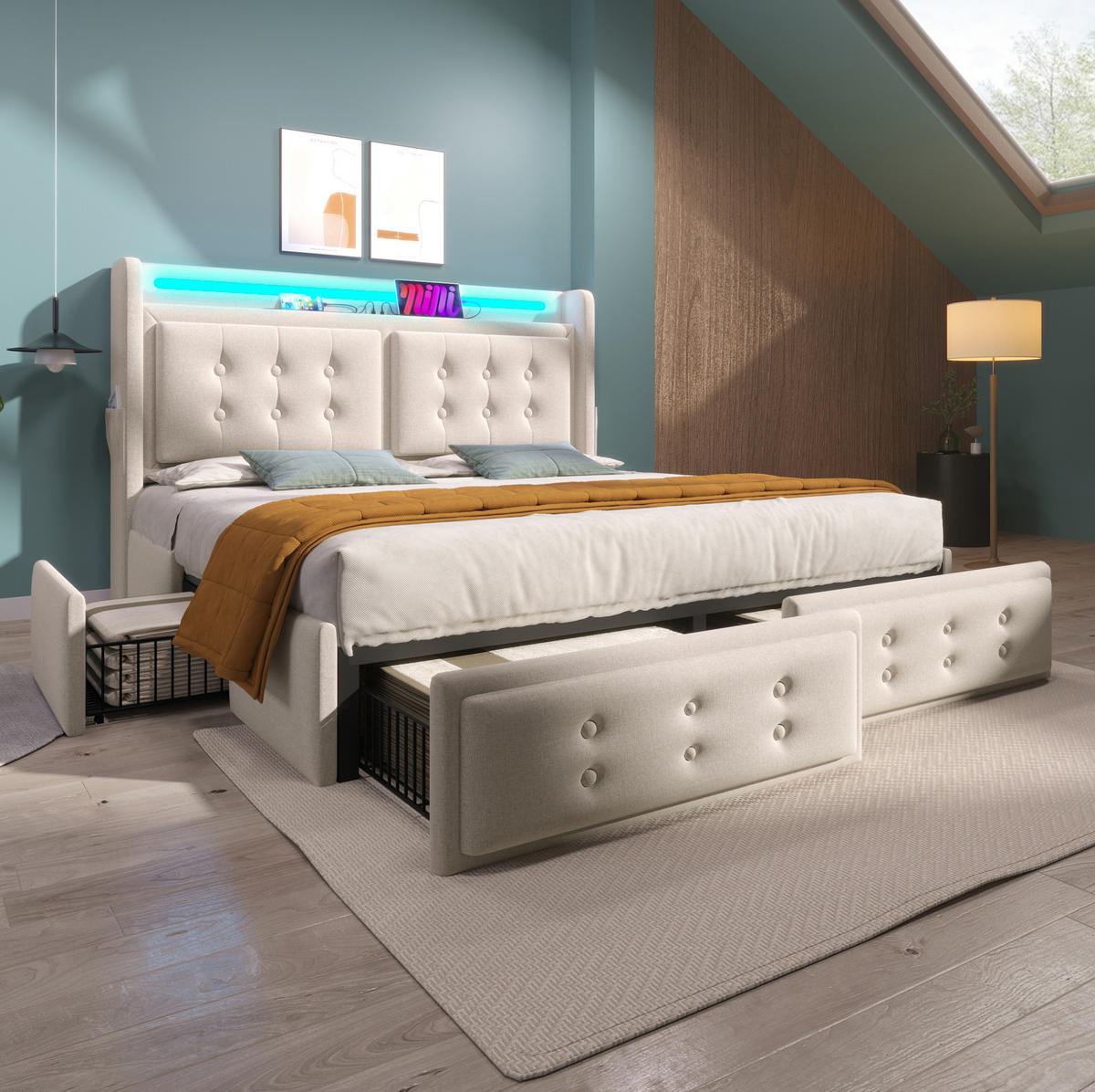 BETT mit LED, USB-C und 4 Schubladen 140x200 cm Beige - Beige, Metall (140/200cm) - Meubliv