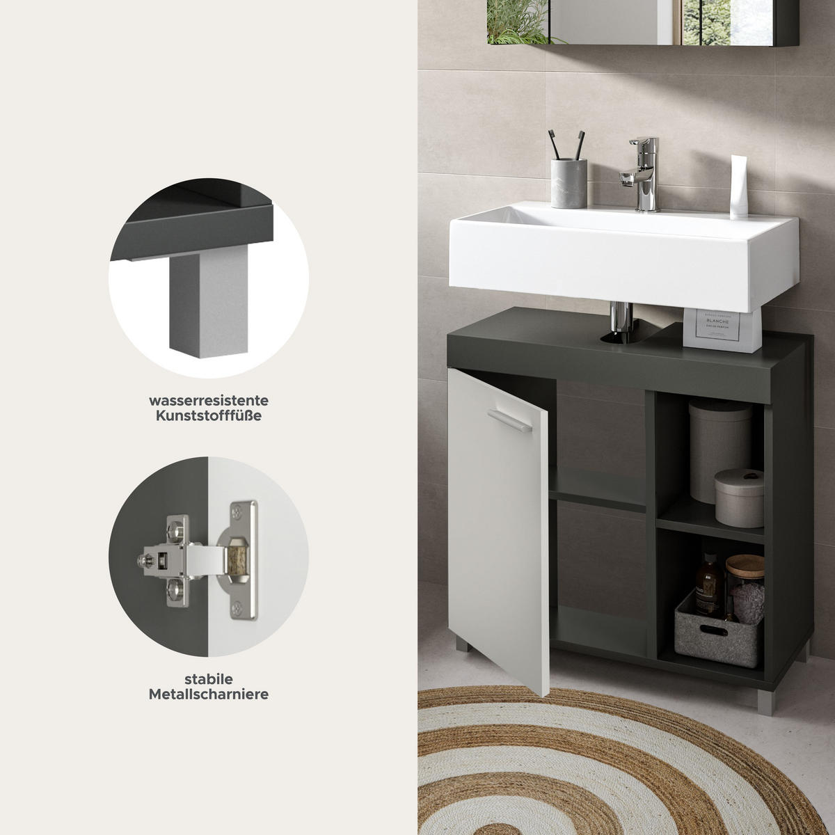 WASCHBECKENUNTERSCHRANK Noah weiß 65/31/63 cm - Anthrazit, Holzwerkstoff (65/63/31cm) - Xonox