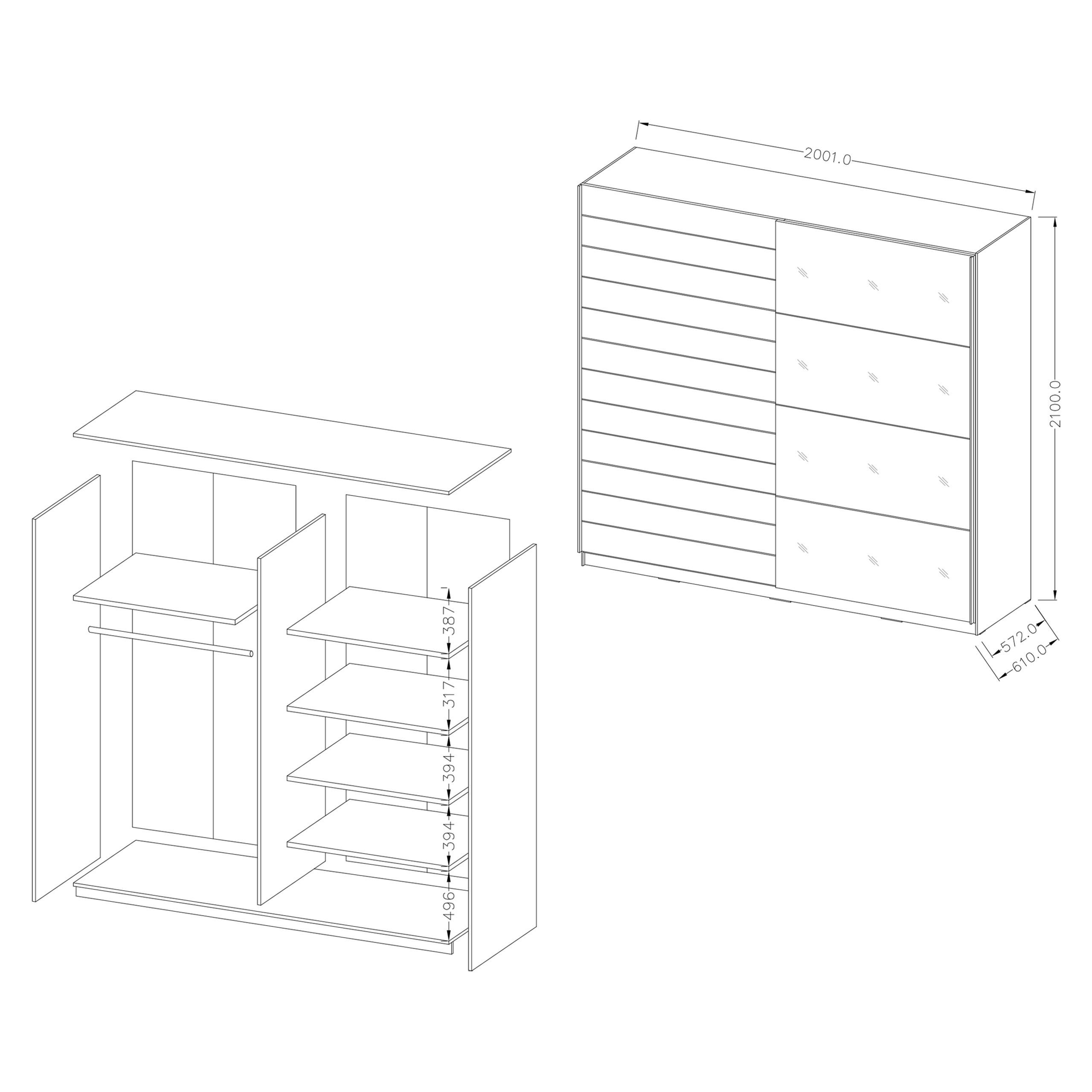 SCHWEBETÜRENSCHRANK BETTINA 200/210/61 cm 2-türig mit Spiegel Multicolor - Multicolor, Holzwerkstoff (200/210/61cm) - MASSENO