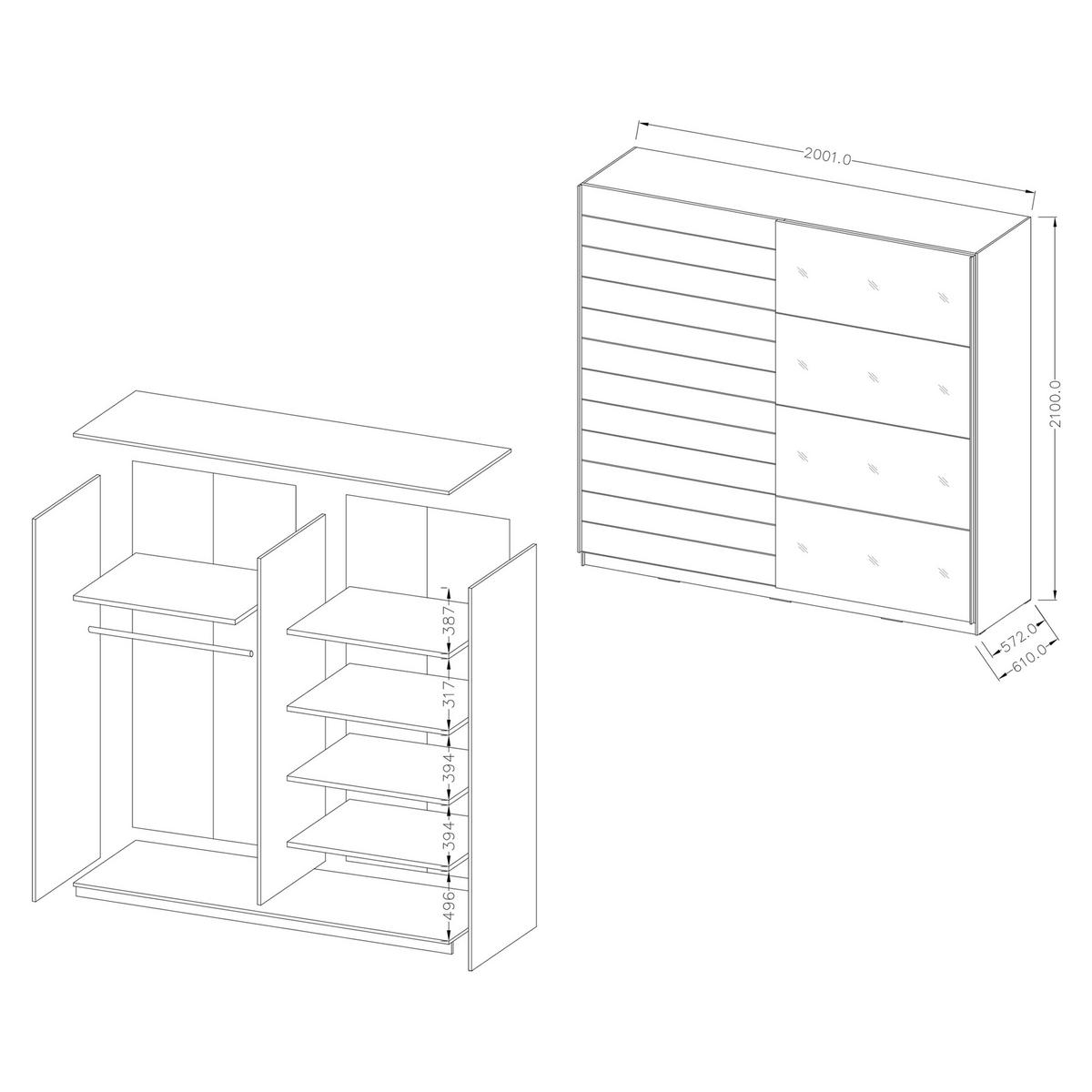 SCHWEBETÜRENSCHRANK BETTINA 200/210/61 cm 2-türig mit Spiegel Multicolor - Multicolor, Holzwerkstoff (200/210/61cm) - MASSENO