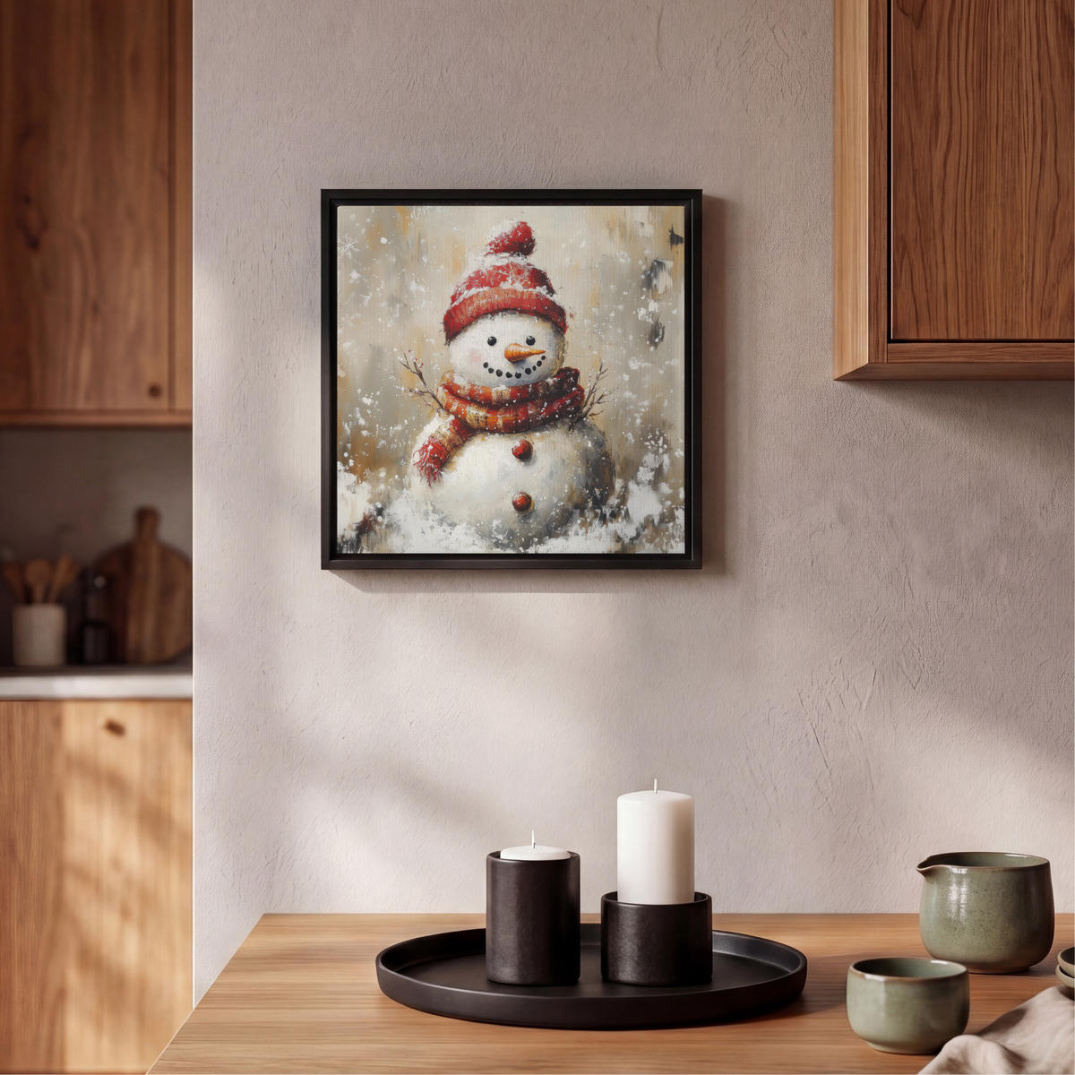LEINWAND Bilder mit Rahmen - Schneemann - Winter - Schnee - Beige - 20x20 - Weiß, Textil (20/20cm) - MuchoWow