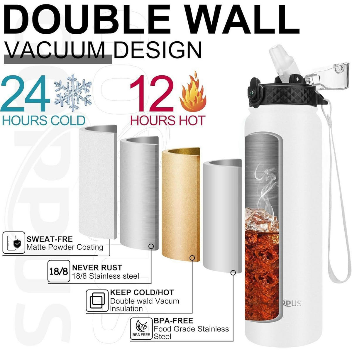 THERMOSFLASCHE mit Strohhalm 1 Liter Weiß - Weiß, Metall (8/8cm)