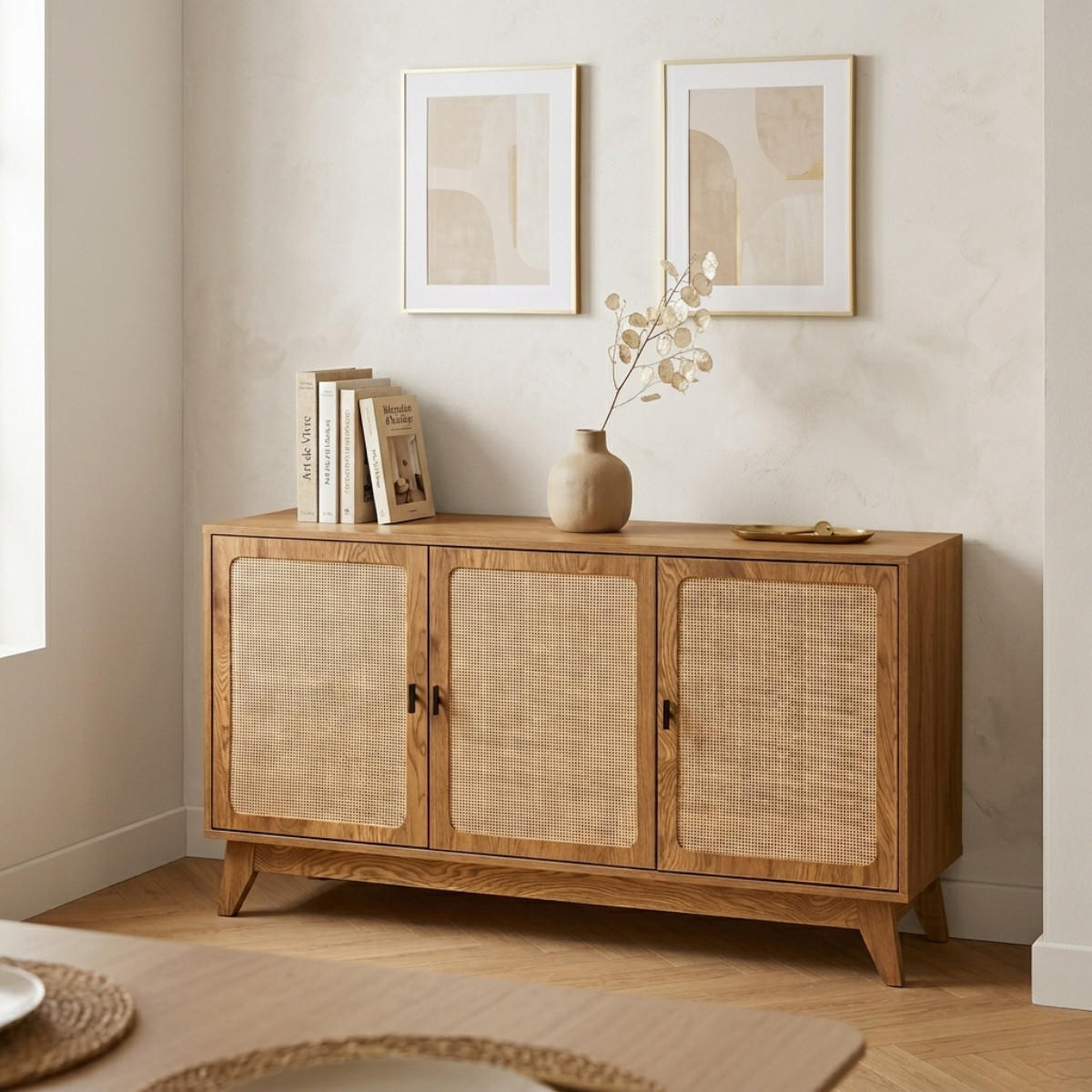 SIDEBOARD 3 Türen mit Naturgeflecht-Front B120 cm - ALIA - Eschefarben, Holzwerkstoff (40/72/46cm) - Calicosy