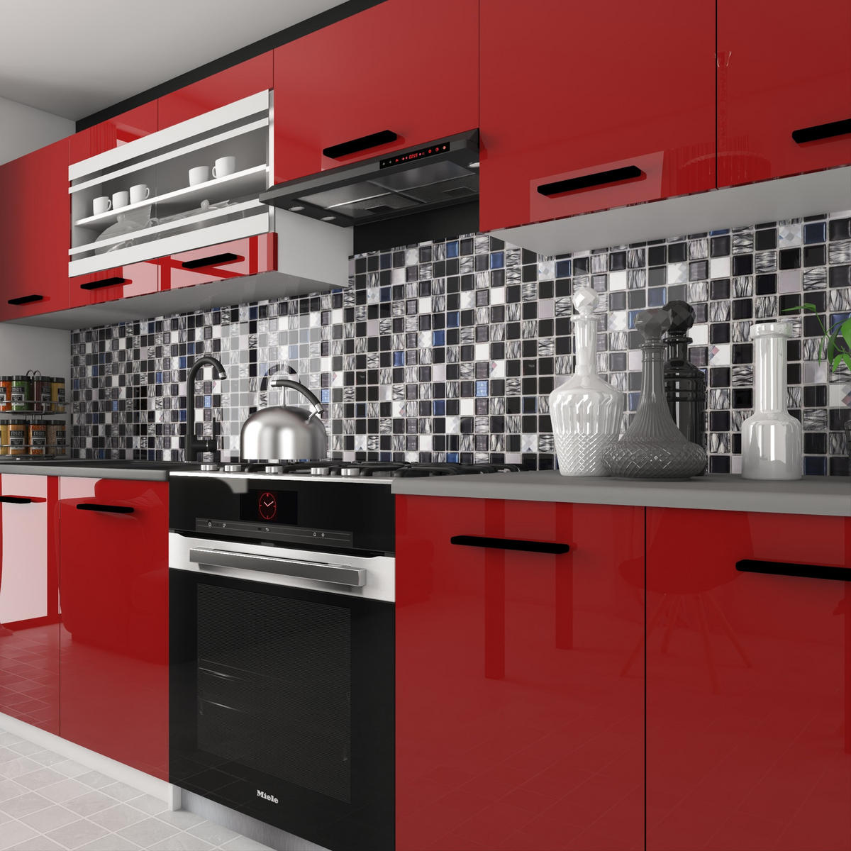 KÜCHENZEILE Italia 4 260 cm, mit Arbeitsplatten, Rot - Rot, Holz (260/143/60cm) - B BELINI GROUP
