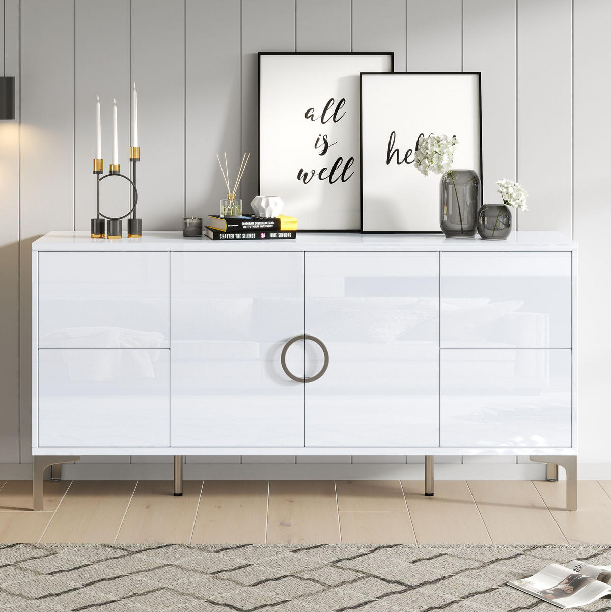 BOČNÍ skříň 150/38/59,5 cm bílá z MDF s vysokým leskem a 4 zásuvkami - bílá, kompozitní dřevo (150/59.5/38cm) - OKWISH