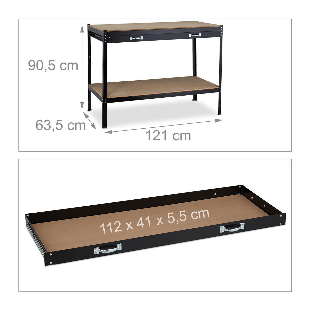 WERKBANK - Schwarz, Holzwerkstoff/Metall (121/90.5/63.5cm) - Relaxdays
