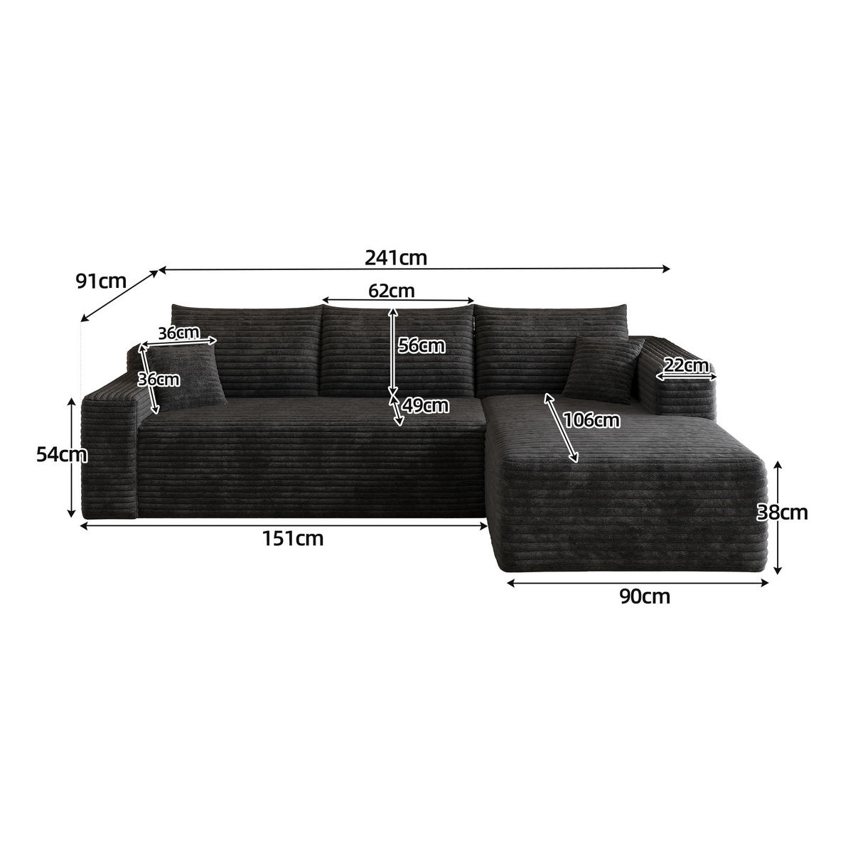ECKSOFA Cord Schwarz Ohne Montage - Schwarz, Textil (241/151cm) - WISHDOR