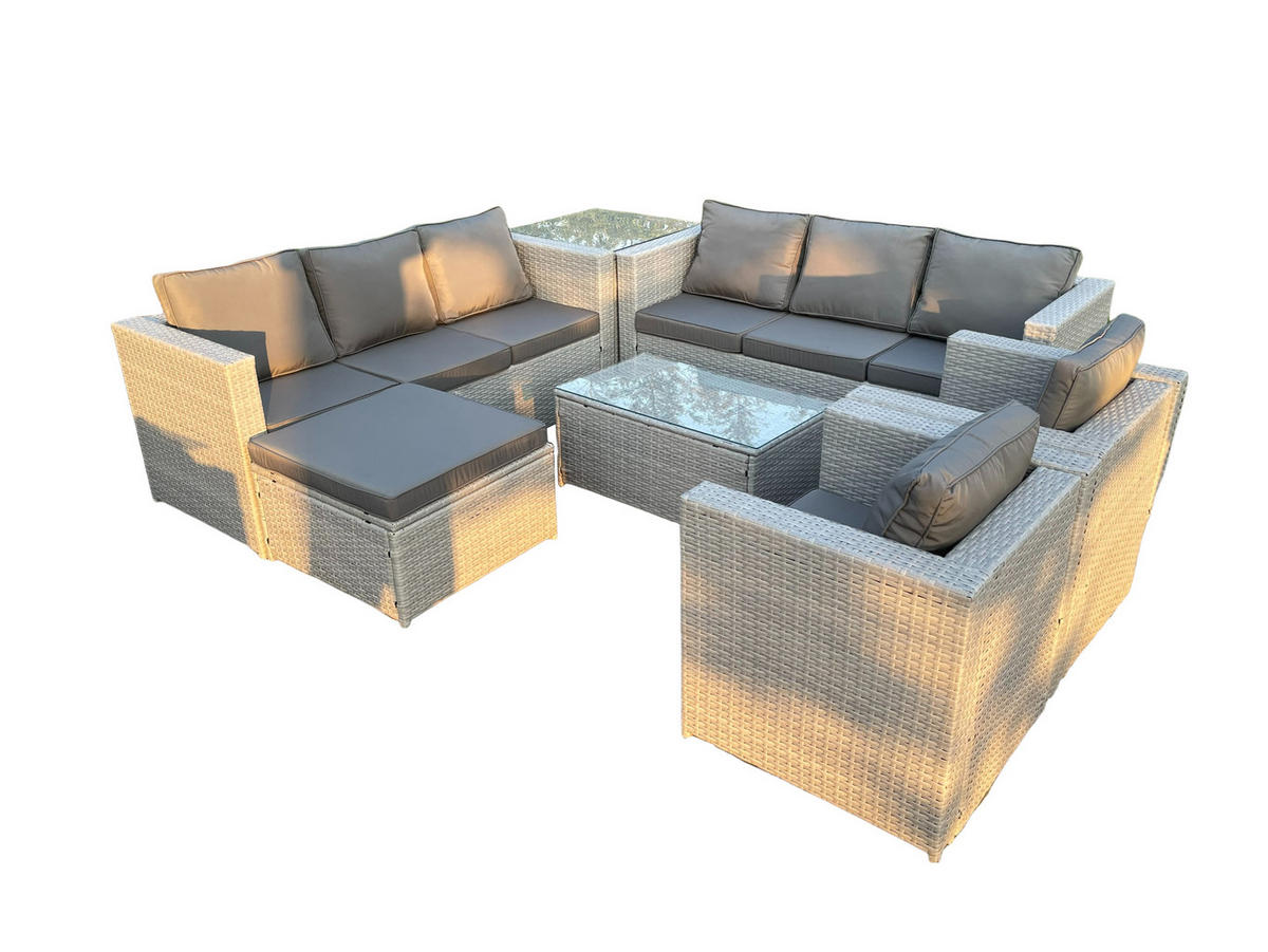 GARTENMÖBEL SET mit Couchtisch Polyrattan Helles Grau 9-Sitzer - Hellgrau, Metall - Fimous