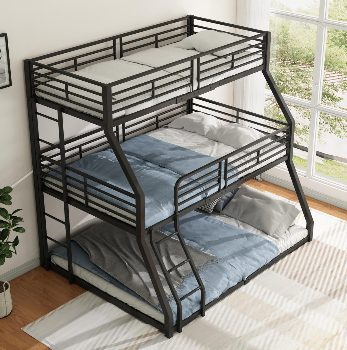 ETAGENBETT aus Metall 90x200 cm Schwarz mit 2 Leitern und Sicherheitsgeländer, platzsparendes Dreifachbett - Schwarz, Metall (90/200cm) - Modfu