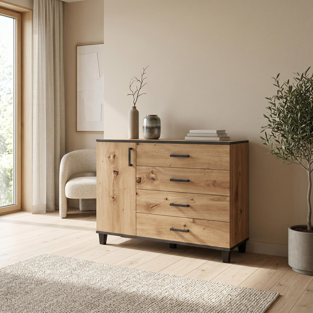 KOMMODE CORTEZA 120/90/40cm mit 4 Schubladen 1 Türen Eiche Artisan - Eiche Artisan, Holzwerkstoff (120/90/40cm) - MASSENO