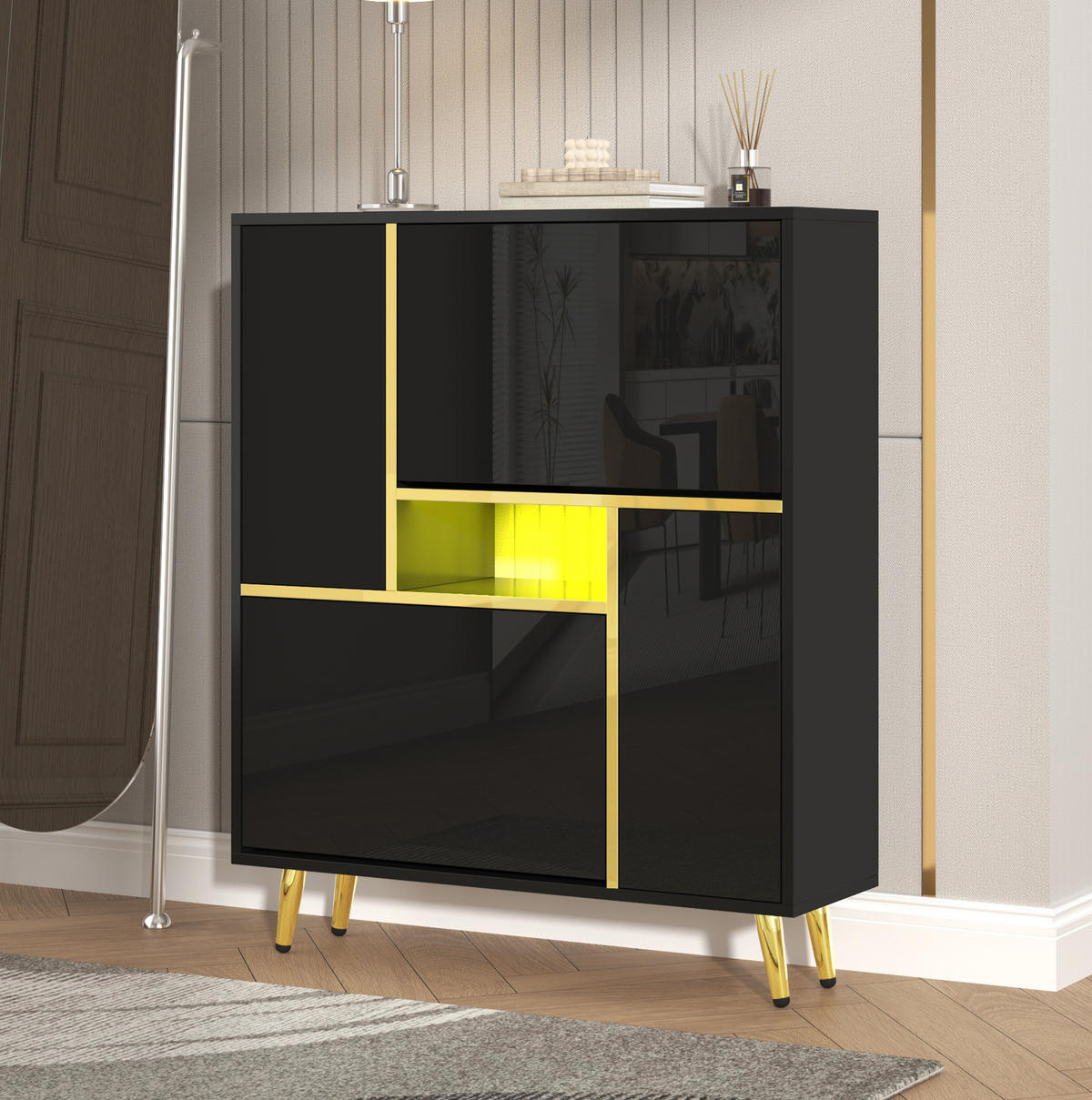 SCHUHSCHRANK 80/96/25 cm Schwarz aus Spanplatte mit LED-Beleuchtung - Schwarz, Holzwerkstoff (80/96/25cm) - OKMYHOME