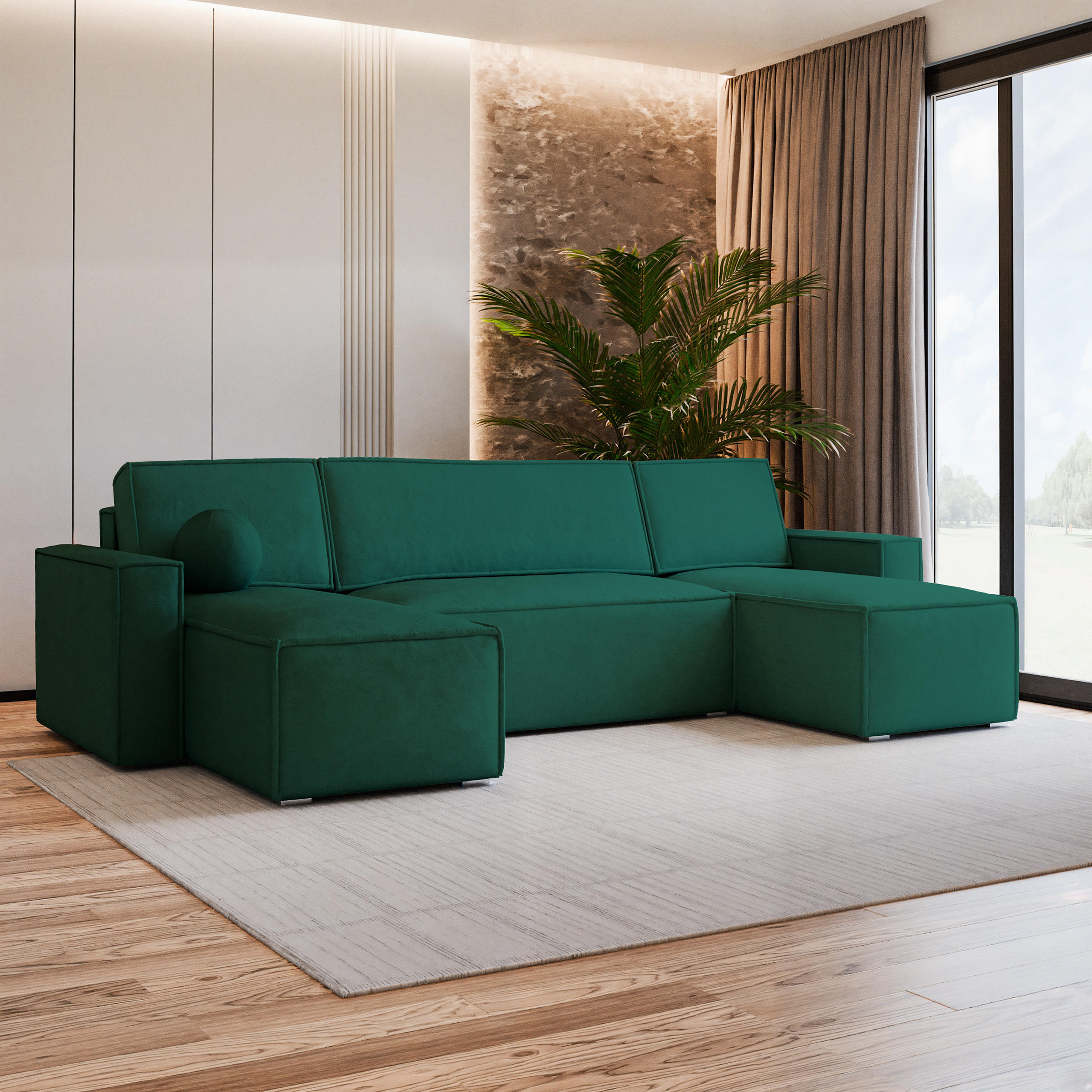 WOHNLANDSCHAFT PESANO M Grün Velours-Stoff mit Schlaffunktion - Grün, Holz (306/85/140cm) - MASSENO