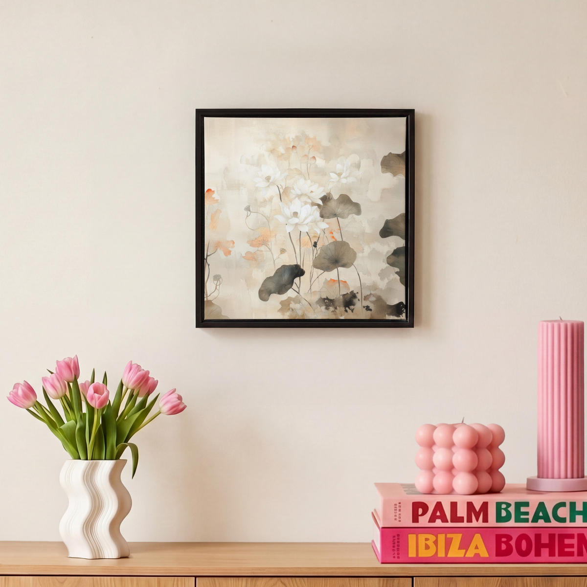 LEINWAND Bilder mit Rahmen - Blumen - Japandi - Wabi sabi - 20x20 - Sandfarben, Textil (20/20cm) - MuchoWow