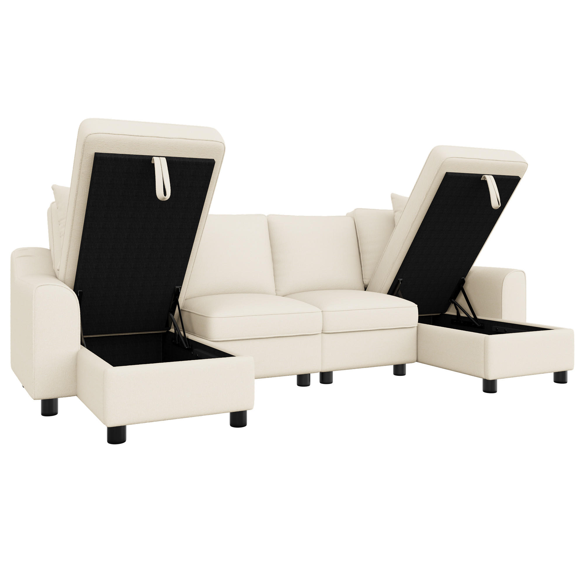 WOHNLANDSCHAFT mit U-Form, Stauraum-Chaiselongue und Kissen aus Chenille in Beige - Beige, Textil (137/84/280cm) - EVRYAE