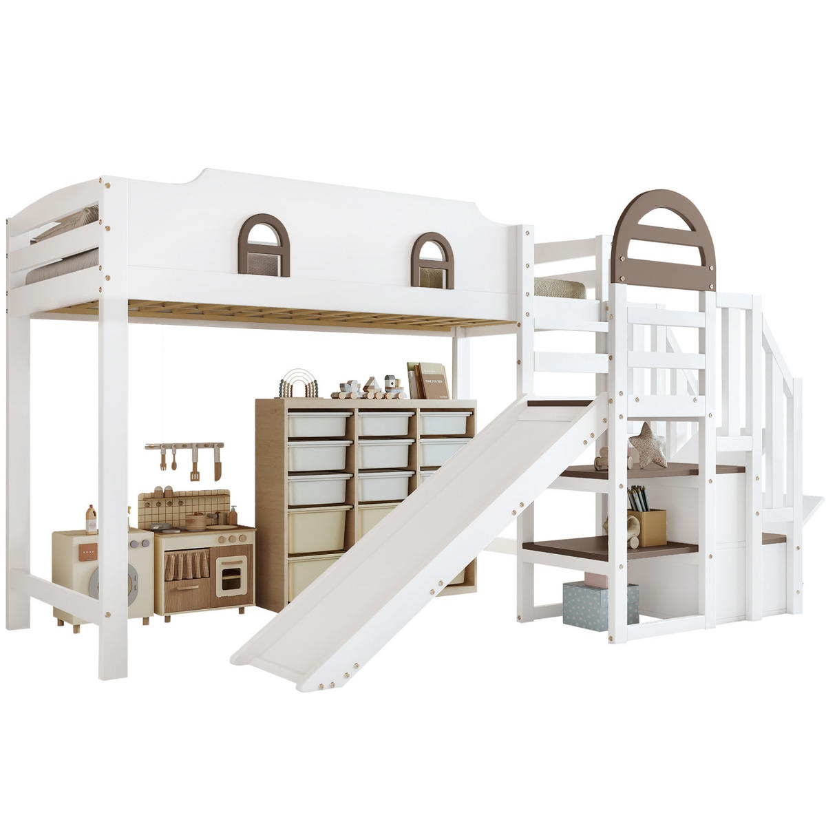 ETAGENBETT mit Fenstern, Rutsche und Stauraumtreppe, Weiß, 90/200 cm - Weiß, Holz (90/200cm) - MIVRAY